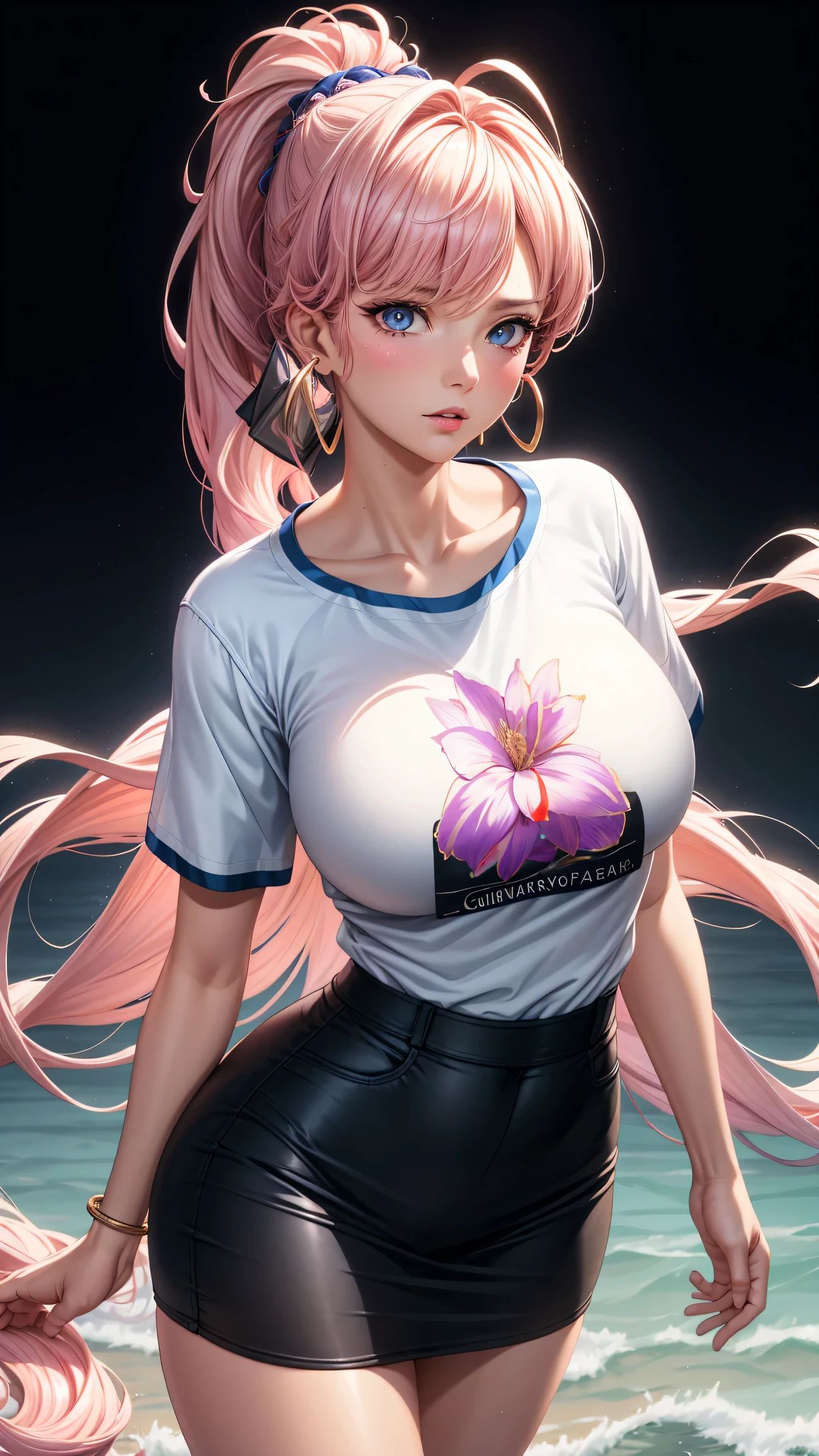 (best quality:1.5, highres, UHD, 4K, detailed lighting, shaders), white curly floral haired, gradient hair, large breasts, suit, T-shirt, social shirt, short skirt, mature woman , (pov), white background, colorful eyeshadow, dramatic lighting, sparkling eyes, sensual expression, golden earrings, flowing hair, delicate facial features, soft skin, high cheekbones, urban setting, black background, dont look for the camera, lean forward,  behind  the camera