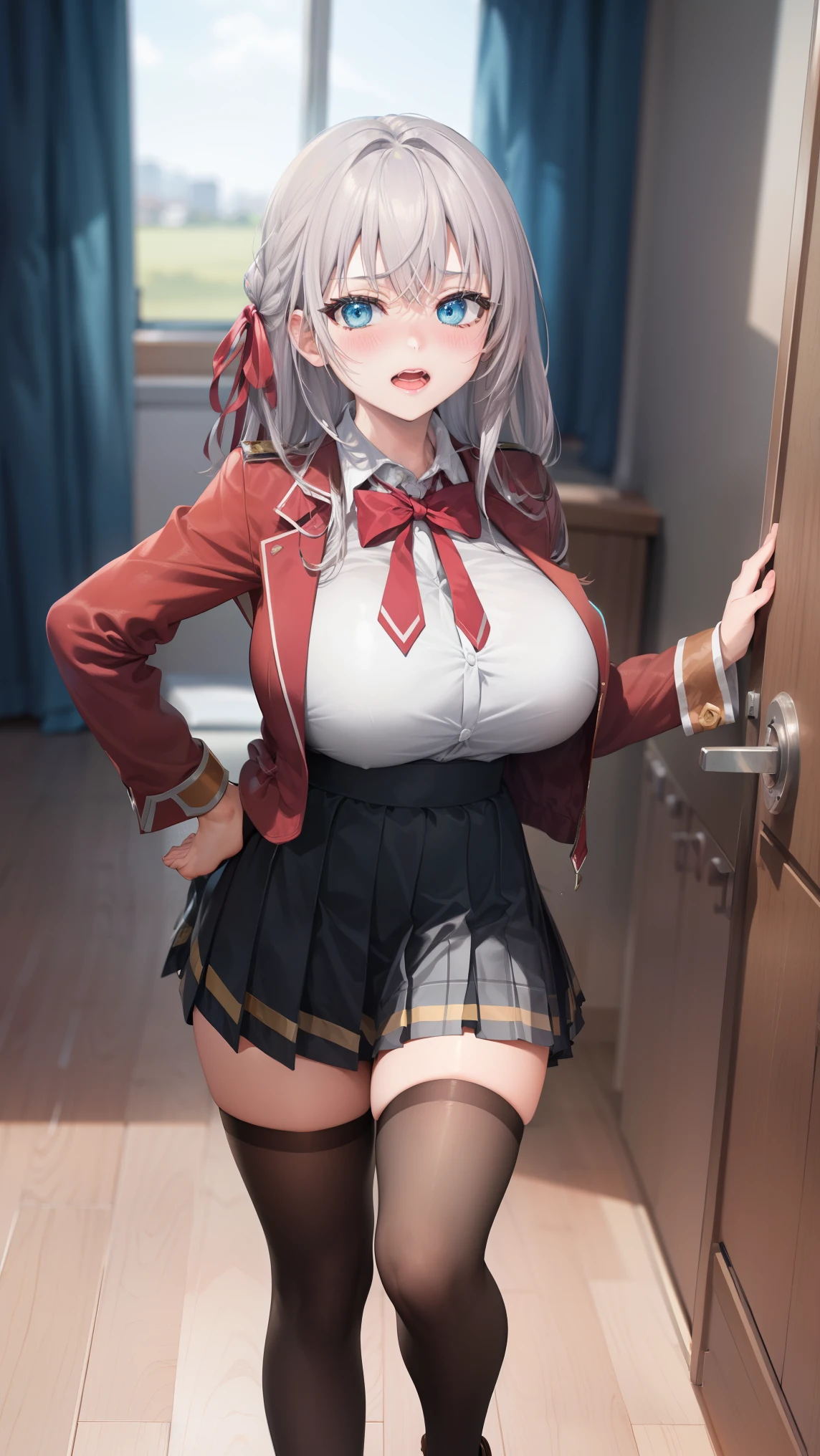 masterpiece, best quality, highres, hmhy1,silver hair, low twintails, hair ornament, huge breasts, red ribbon, collared shirt, sweater, labcoat, open clothes, off shoulder, long sleeves, flower, belt, white gloves, pleated skirt, black pantyhose, cowboy shot, indoor, (((lift skirt,panties))),from below