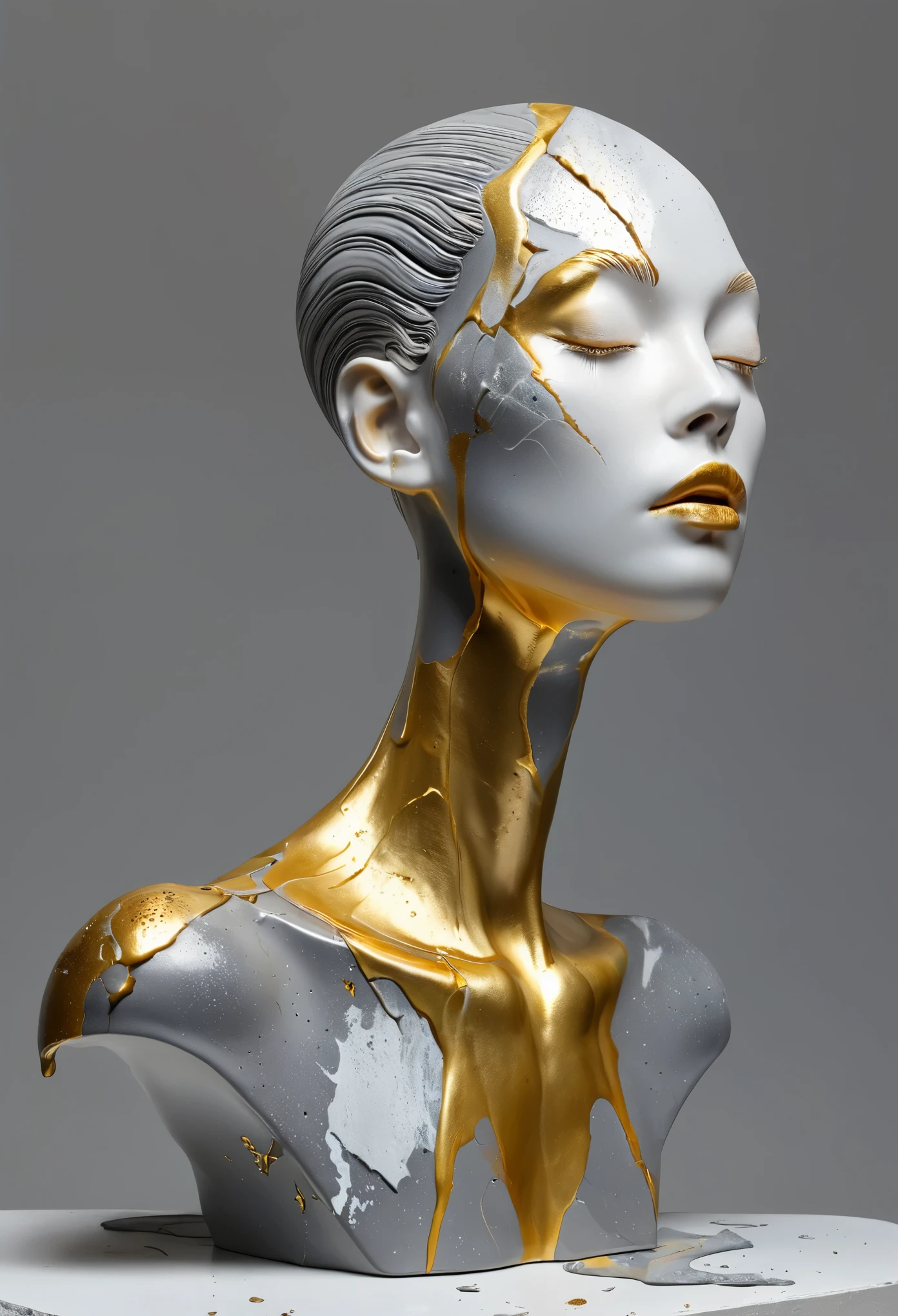 ((display，Still life table，Artistic statues，3D Sculpture，ceramics，Surface cracks，Shattered Texture)),Elegant alien，Showing the beauty of nature.gold，Golden powder， This artwork is presented on a grey background，To emphasize its artistic quality.
