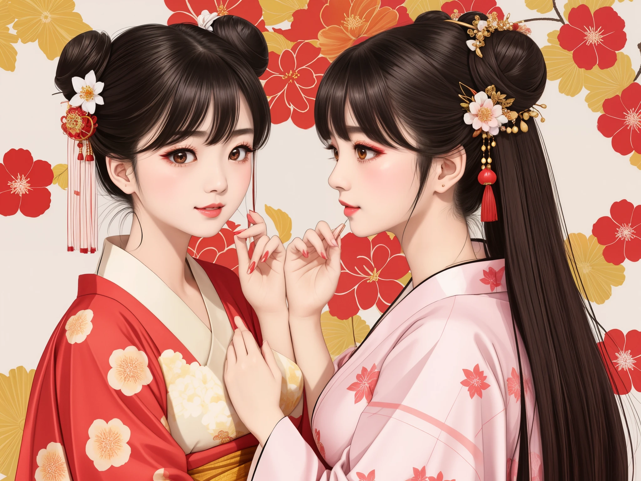 Each has a different expression２People and sisters、(２ girls）、｟Dancing traditional arts with grace)、((Big Breasts、Small Face、Not exposed))、highest quality、masterpiece、（Black Hair、Bun Hair）、Brown Eyes、｟Wide angle、Angle from above the waist、雑誌の表紙のPause、Their gazes are different, gazing into the distance｠、(８K High Quality、masterpiece、High resolution、Realistic and beautiful light and shadow、(highest quality)、(High Resolution)、(Very delicate and beautiful)、(Beautiful 8k face)、(With a smile、Beautiful eyes)、(Clear skin)、(Soft hair)、(８Head to Body)、(A Japanese style yukata kimono with red, pink and orange floral patterns on a white background, interspersed with gold powder、Five beautiful Japanese girls wearing yukata)、((Tanabata decoration background))、((Small Face))、(arms up)、Thin and small nose、（Red lipstick）、（Make your cheeks red）、（Glossy skin）、((Ink painting style))、Very thin eyebrows、Overall ultra-high image quality、（She is wearing maiko-style makeup.）、Whitening、Long and beautiful eyelashes、Glowing Skin、（Red cheeks）,Straight nose、masterpiece、highest quality、whole body、 Eyebrows visible through hair、Bun Hair、Grin、Gal、コGal、Viewer&#39;s Eyes、Plaid、Stylish、woman、fine、Pause、
Waiting to start 
