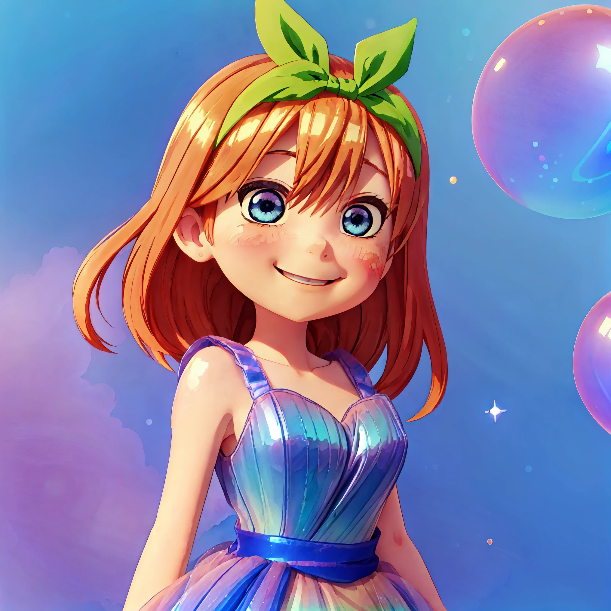 yotsuba Nakano, shoulder length orange hair, hair ribbon, blue indigo eyes, dynamic pose, soft expressive face, sweet face, smile, iridescent, ((ballgown iridescent), colorful fantasia background, watercolor illustration, 4k, neat lineart, cute anime style, pretty, slim face, gorgeous girl, smile