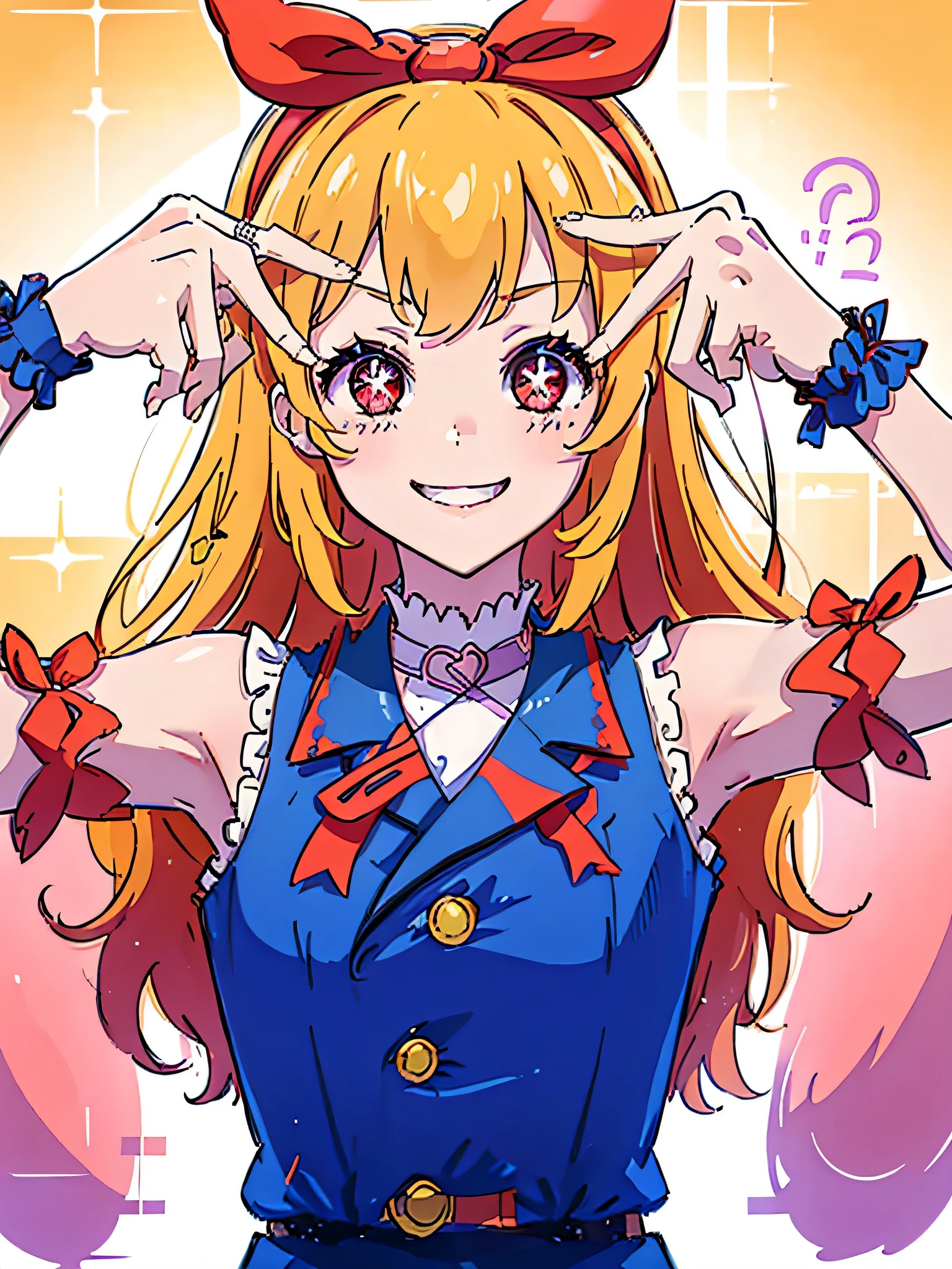 (red ribbon on hairband:1.2),(8K, best quality, muste piece:1.2)、ultra high resolution,1 very cute girl,hosimiya ichigo,ultra-detailed face, detailed eyes,RED eyes,smile, grin, happy,,masterpiece, best quality, extremely detailed, 1 girl,souvenir jacket,Sleeveless, confetti1 girl, ai's pose:1.1