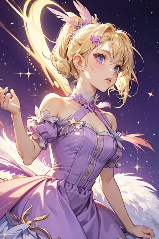 blonde hair. She wears a light purple dress and a long magenta feather in her hair, clipped in with a blue barrette. SPARKLE; GLITTER