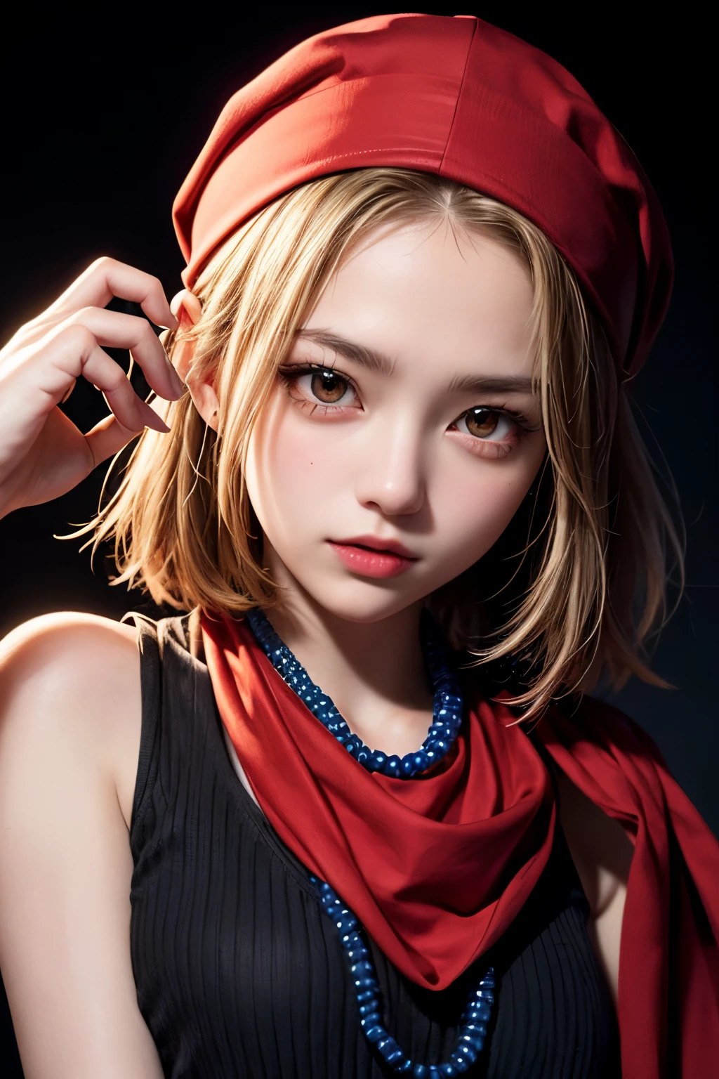 (masterpiece, highest quality), One girl, Beautiful Face,  anna kyouyama, Blonde, short hair, (Brown eyes:1.5), Red Bandana, beads, black dress, dress, prayer beads,red bandana，黒いdress，Black dress