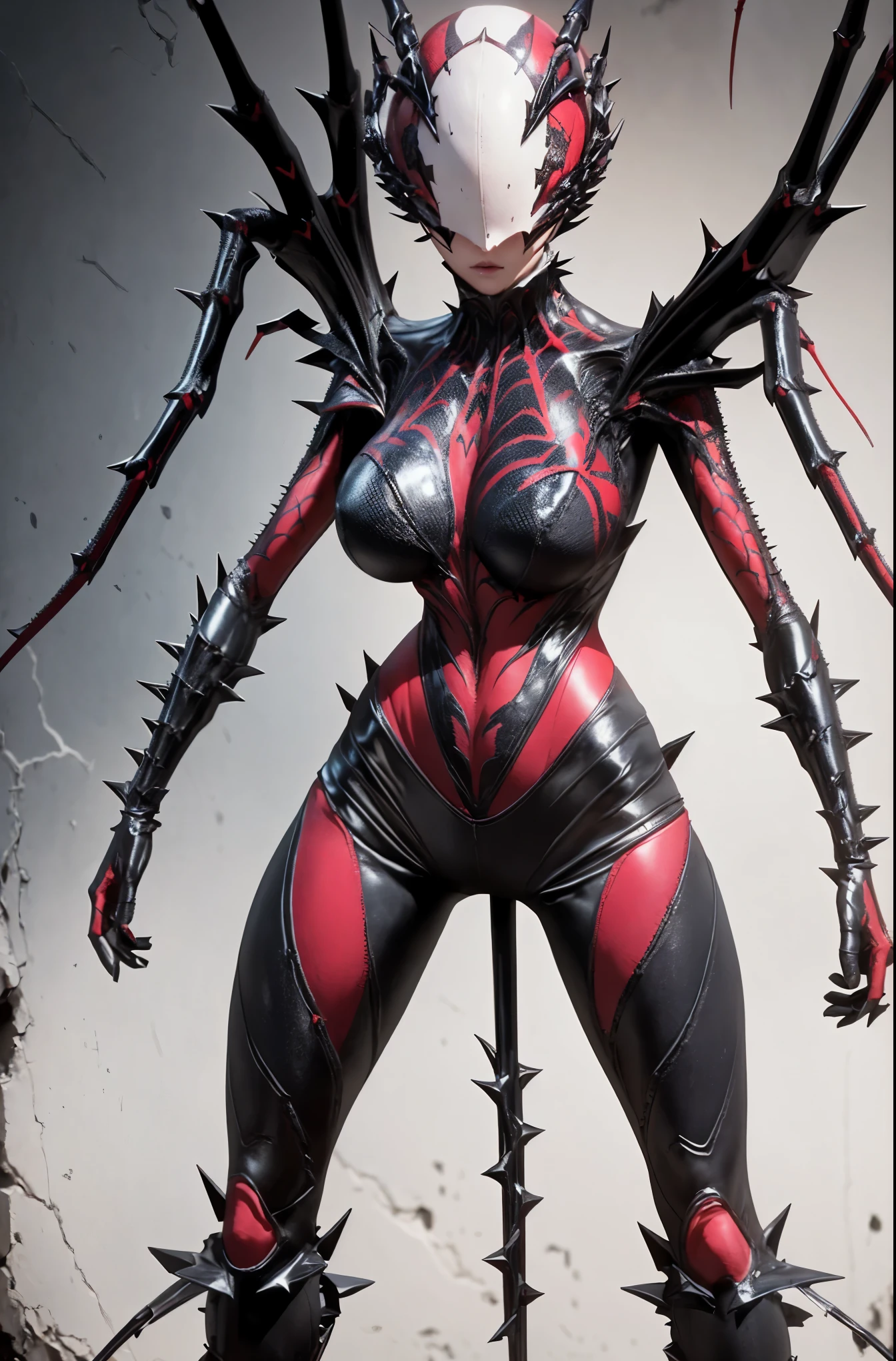 Beautiful girl fused with a spider. (High quality) （black and red and purple image color）. body suit. compound eye. cyber style. spider web. spike accessory. Biological Armor. Biological helmet. eye mask.