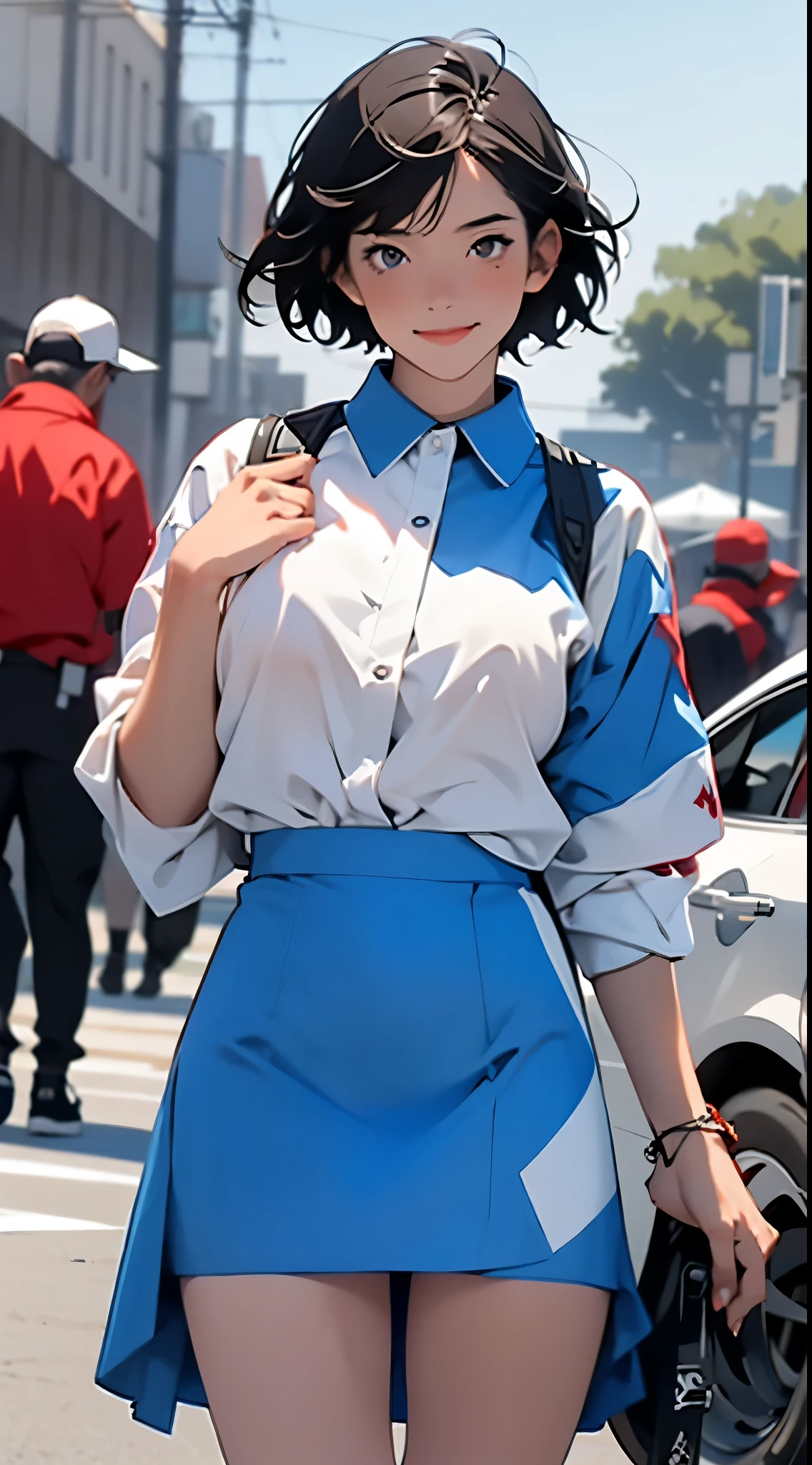 Anime girl in blue dress, oppai, biomechanical oppai,  in dress, oppai proportions, Ecchi, Big breasts!!, with a big chest, pixiv 3dcg, Big breasts!, (SFW) safe for work, Ecchi anime style, Beasts, Seductive Anime Girl, 1girl huge large breasts,、((top-quality)), ((​masterpiece)), A smile, Pitch Resuit, Colossal , Puffy nipple, knee high, Naughty face, knee high　white, Adult Woman, (cum in vaginas:1.3), cum in mouth, (Overflowing G-string:1.5), Sobbing tears, short-cut, Check mini skirt, l, Race Queen, A slender, masterpaintings, best qualtiy, Photorealsitic, ultra-detailliert, (shiny skins, perspired:1.4), Watch the crowd, With short black hair, Brown-eyed, slender, dynamic light and shadow, hight resolution, Sharp Focus, depth of view, The eyes are delicate, Sharp pupils, pupil realistic, (Colossal tits), A slender, (thick thight), outside of house, Skysky, Tight skirt, Short skirt, Grid Girl, underboob, Wet_Clothes, Wear the grid_Girl costume printed with sponsor's logo, (Stand in a motorsport race)+, left hand on waist