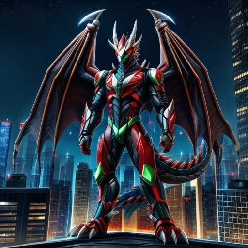 On the rooftop of a skyscraper overlooking the night view of the big city、A slender male dragon with wings, a tail, horns, large claws, sharp red eyes, and a very long dragon muzzle, resembling a Kamen Rider.、Full body standing with legs wide open