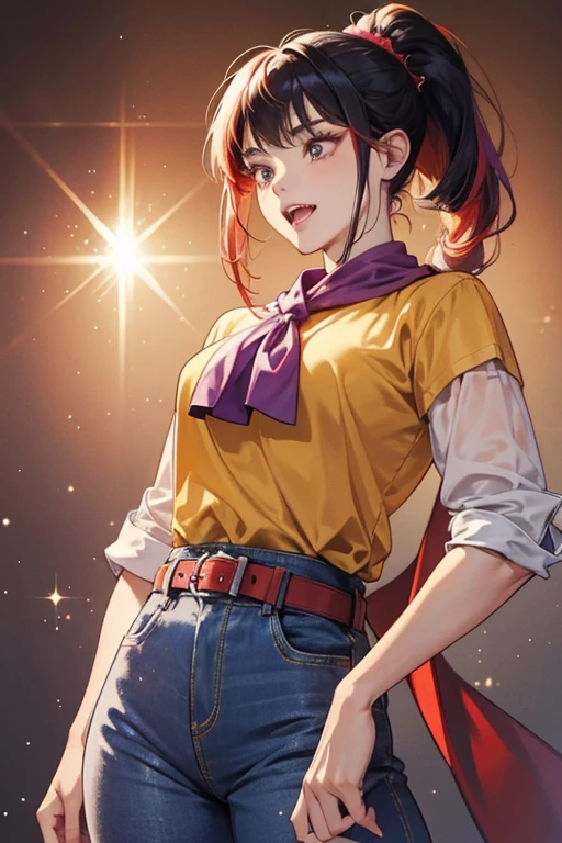 She is a light purple  that has black hair tied into a ponytail with a red hair tie, a pointed nose, and fangs. She wears a yellow shirt, a red kerchief, and blue pants with a brown belt. SPARKLE; GLITTER
