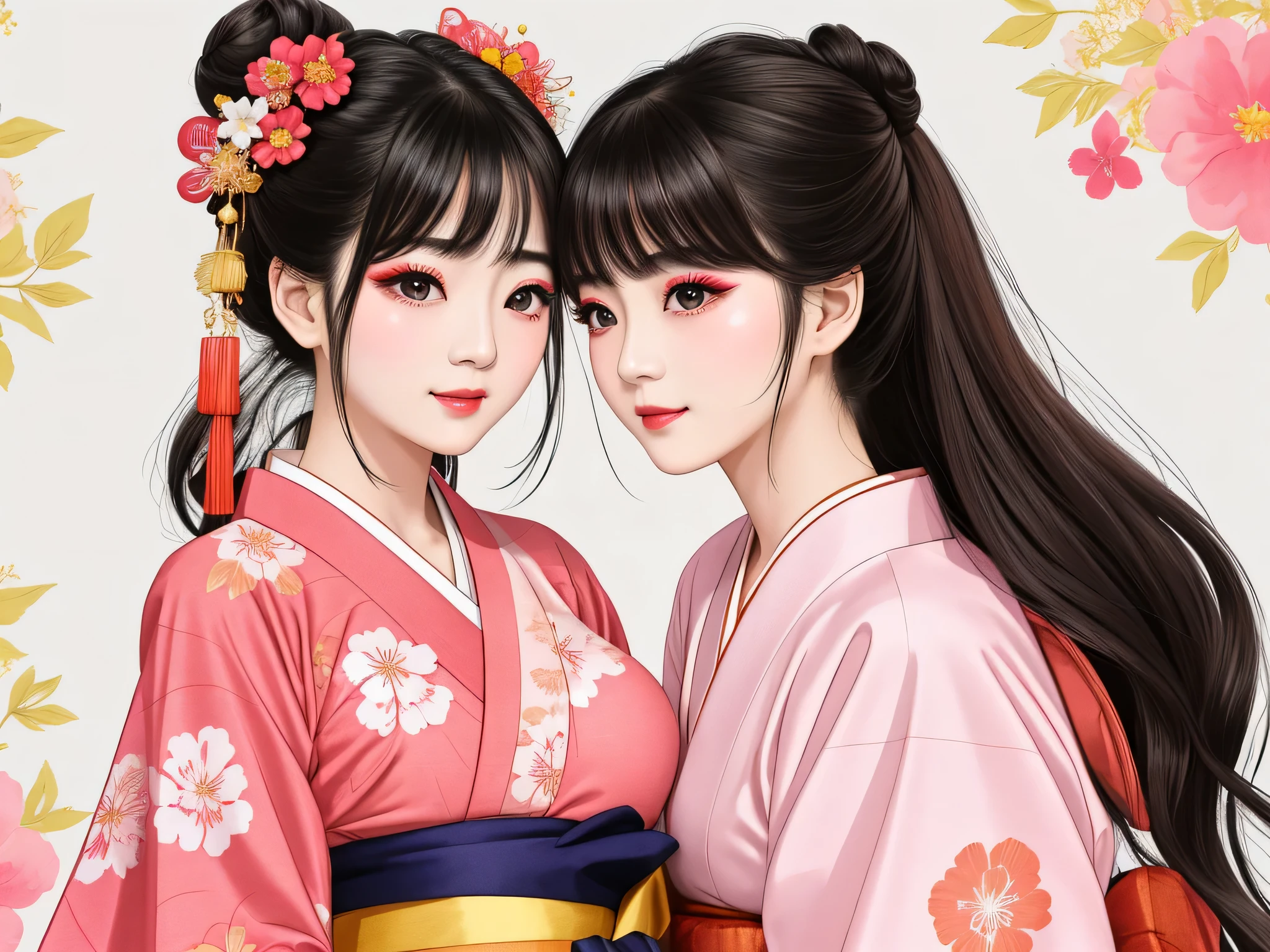 Each has a different expression2People and sisters、(2 girls)、⦅Dancing traditional arts with grace)、((Big Breasts、Small Face、Not exposed))、highest quality、masterpiece、(Black Hair、Bun Hair)、Brown Eyes、⦅Wide angle、Angle from above the waist、Pause on the magazine cover、Their gazes are different, gazing into the distance⦆、(8K High Quality、masterpiece、High resolution、Realistic and beautiful light and shadow、(highest quality)、(High Resolution)、(Very delicate and beautiful)、(Beautiful 8k face)、(With a smile、Beautiful eyes)、(Clear skin)、(Soft hair)、(8Head to Body)、(A Japanese style yukata kimono with red, pink and orange floral patterns on a white background, interspersed with gold powder、Five beautiful Japanese girls wearing yukata)、((Tanabata decoration background))、((Small Face))、(arms up)、Thin and small nose、(Red lipstick)、(Make your cheeks red)、(Glossy skin)、((Ink painting style))、Very thin eyebrows、Overall ultra-high image quality、(She is wearing maiko-style makeup.)、Whitening、Long and beautiful eyelashes、Glowing Skin、(Red cheeks),Straight nose、masterpiece、highest quality、whole body、 Eyebrows visible through hair、Bun Hair、Grin、Gal、Gal、Viewer's Eyes、Plaid、Stylish、woman、fine、Pause、
Waiting to start