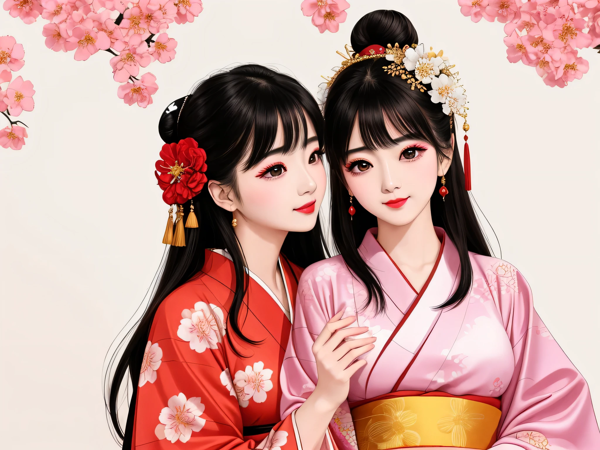 Each has a different expression2People and sisters、(2 girls)、⦅Dancing traditional arts with grace)、((Big Breasts、Small Face、Not exposed))、highest quality、masterpiece、(Black Hair、Bun Hair)、Brown Eyes、⦅Wide angle、Angle from above the waist、Pause on the magazine cover、Their gazes are different, gazing into the distance⦆、(8K High Quality、masterpiece、High resolution、Realistic and beautiful light and shadow、(highest quality)、(High Resolution)、(Very delicate and beautiful)、(Beautiful 8k face)、(With a smile、Beautiful eyes)、(Clear skin)、(Soft hair)、(8Head to Body)、(A Japanese style yukata kimono with red, pink and orange floral patterns on a white background, interspersed with gold powder、Five beautiful Japanese girls wearing yukata)、((Tanabata decoration background))、((Small Face))、(arms up)、Thin and small nose、(Red lipstick)、(Make your cheeks red)、(Glossy skin)、((Ink painting style))、Very thin eyebrows、Overall ultra-high image quality、(She is wearing maiko-style makeup.)、Whitening、Long and beautiful eyelashes、Glowing Skin、(Red cheeks),Straight nose、masterpiece、highest quality、whole body、 Eyebrows visible through hair、Bun Hair、Grin、Gal、Gal、Viewer's Eyes、Plaid、Stylish、woman、fine、Pause、
Waiting to start
