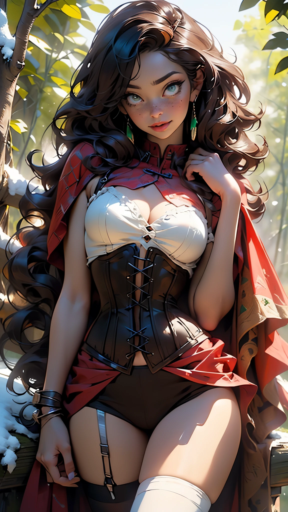 ((extremely beautiful red riding hood)),little red riding hood, 18 years old,1girl,

(large breasts:1.4),((((light brown hair:1.2)))),(((emerald_green_eyes:1.3))),intricate eyes,beautiful detailed eyes,symmetrical eyes,((((lustrous skin:1.5,tanned skin,bright skin: 1.5,skin tanned,shiny skin,very shiny skin,shiny body,Reflective skin)))),(spider lower abdomen,narrow waist,wide hip,athletic body,inflated legs,thick thighs,(detailed face)),beautiful detailed lips,(freckles:1.2),beautiful face,  full face blush, full lips, (perfect anatomy:1.1), (perfect proportions:1.1),

cute,slutty,sensual,seductive look,seductive,((erotic)),opulent,sumptuous,((nsfw)),

subtle makeup, (covered with red hood, intricate realistic red hood, red riding hood, red hood, dress, cape:1.2), (black corset:1.5), (red skirt:1.5, short skirt, show legs), (((lingerie))),

(flirtatious pose:1.3), looking at viewer,beautifull smile,centered,scale to fit dimensions,Rule of thirds,

((cute ville in the forest in the background)),winter,scenery:1.25,((intricate scenery)),((snow forest background)),

(Glossy winter ornaments),highres,sharp focus,(ultra detailed,extremely detailed),(photorealistic artwork:1.37),(extremely detailed CG unity 8k wallpaper),(((vibrant colors,vibrant theme))),(intricate),(masterpiece),(best quality),artistic photography,(photography taken by sldr),(intricate background),perfect rendered face,perfect face details,realistic face,photo realistic,((intricate detail)),(((realism))),
