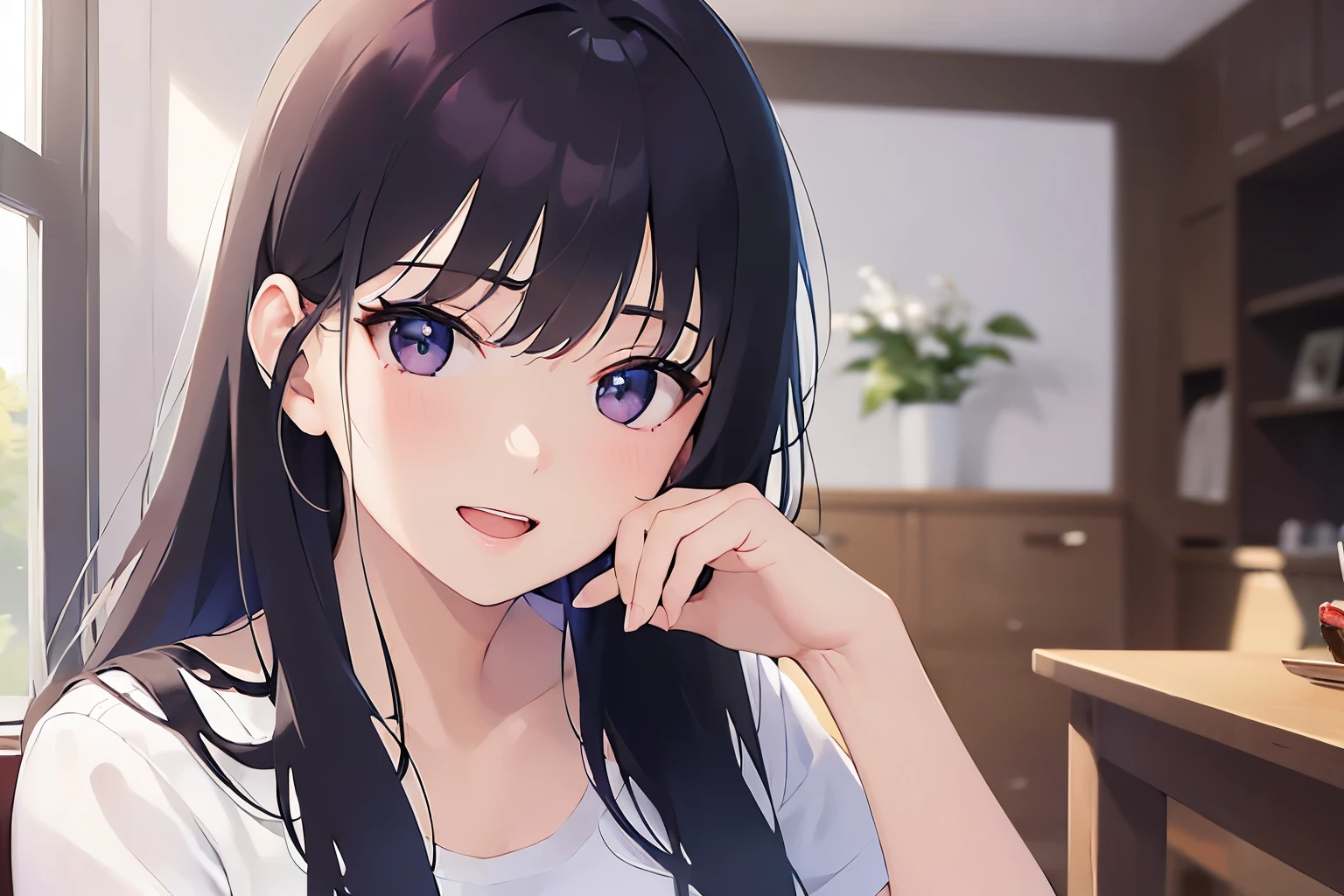 side angle, Placing hand on face、Biologically correct five fingers, smile ,open mouth、(looking away:1.5), Upper Body, Realistic, real person, (pale skin: 1.2), RAW photo, photorealistic, portrait photography, shiny skin, shiny hair、(A 25-year-old woman with straight hair and bangs) and (medium hair) and (black hair) and (purple eyes) , (white:1.5) and (T-Shirts) 、Cleavage、Alone、Are standing、The background is the living room