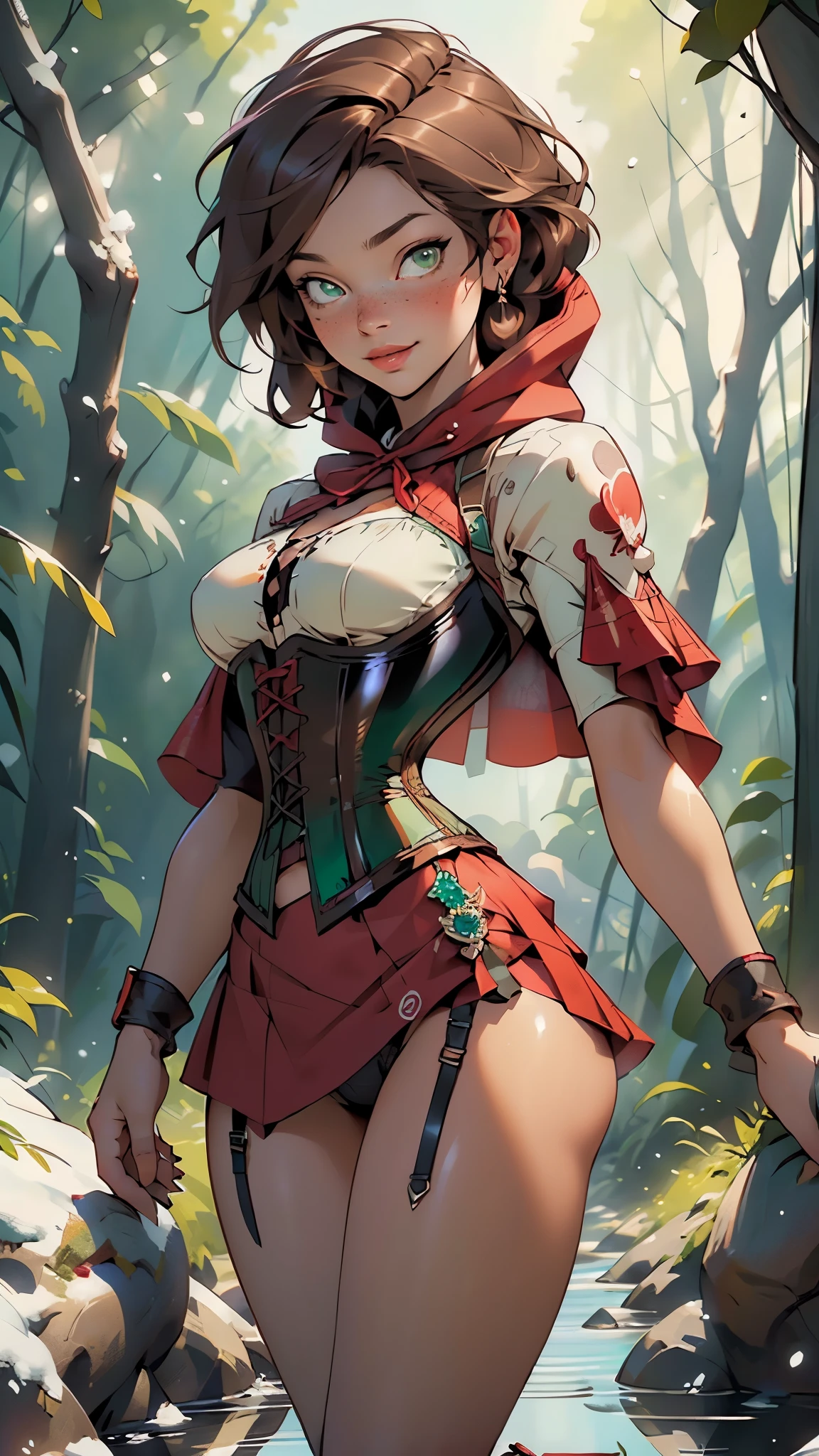 ((extremely beautiful red riding hood)),little red riding hood, 18 years old,1girl,
(large breasts:1.4),((((light brown hair:1.2)))),(((emerald_green_eyes:1.3))),intricate eyes,beautiful detailed eyes,symmetrical eyes,((((lustrous skin:1.5,tanned skin,bright skin: 1.5,skin tanned,shiny skin,very shiny skin,shiny body,Reflective skin)))),(spider lower abdomen,narrow waist,wide hip,athletic body,inflated legs,thick thighs,(detailed face)),beautiful detailed lips,(freckles:1.2),beautiful face, full face blush, full lips, (perfect anatomy:1.1), (perfect proportions:1.1),
cute,slutty,sensual,seductive look,seductive,((erotic)),opulent,sumptuous,((nsfw)),
subtle makeup, (covered with red hood, intricate realistic red hood, red riding hood, red hood, dress, cape:1.2), (black corset:1.5), (red skirt:1.5, short skirt, show legs), (((lingerie))),
(flirtatious pose:1.3), looking at viewer,beautifull smile,centered,scale to fit dimensions,Rule of thirds,
((cute ville in the forest in the background)),winter,scenery:1.25,((intricate scenery)),((snow forest background)),
(Glossy winter ornaments),highres,sharp focus,(ultra detailed,extremely detailed),(photorealistic artwork:1.37),(extremely detailed CG unity 8k wallpaper),(((vibrant colors,vibrant theme))),(intricate),(masterpiece),(best quality),artistic photography,(photography taken by sldr),(intricate background),perfect rendered face,perfect face details,realistic face,photo realistic,((intricate detail)),(((realism))),