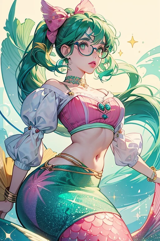Mindy is a  mermaid with light green skin, an aquamarine tail and short dark blue hair. She has some freckles above her nose. She wears round black glasses, a yellow hair bow, a golden bracelet, pink lipstick and a pink crop-top with puffy sleeves, purple edges on the bottom of the sleeves and a red heart symbol in the middle  SPARKLE; GLITTER