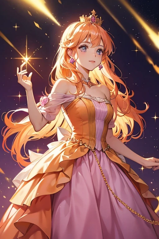 She is a light orange  who wears a pink dress and a golden crown, accompanied by a fancy, purple , on a diamond leash. SPARKLE; GLITTER