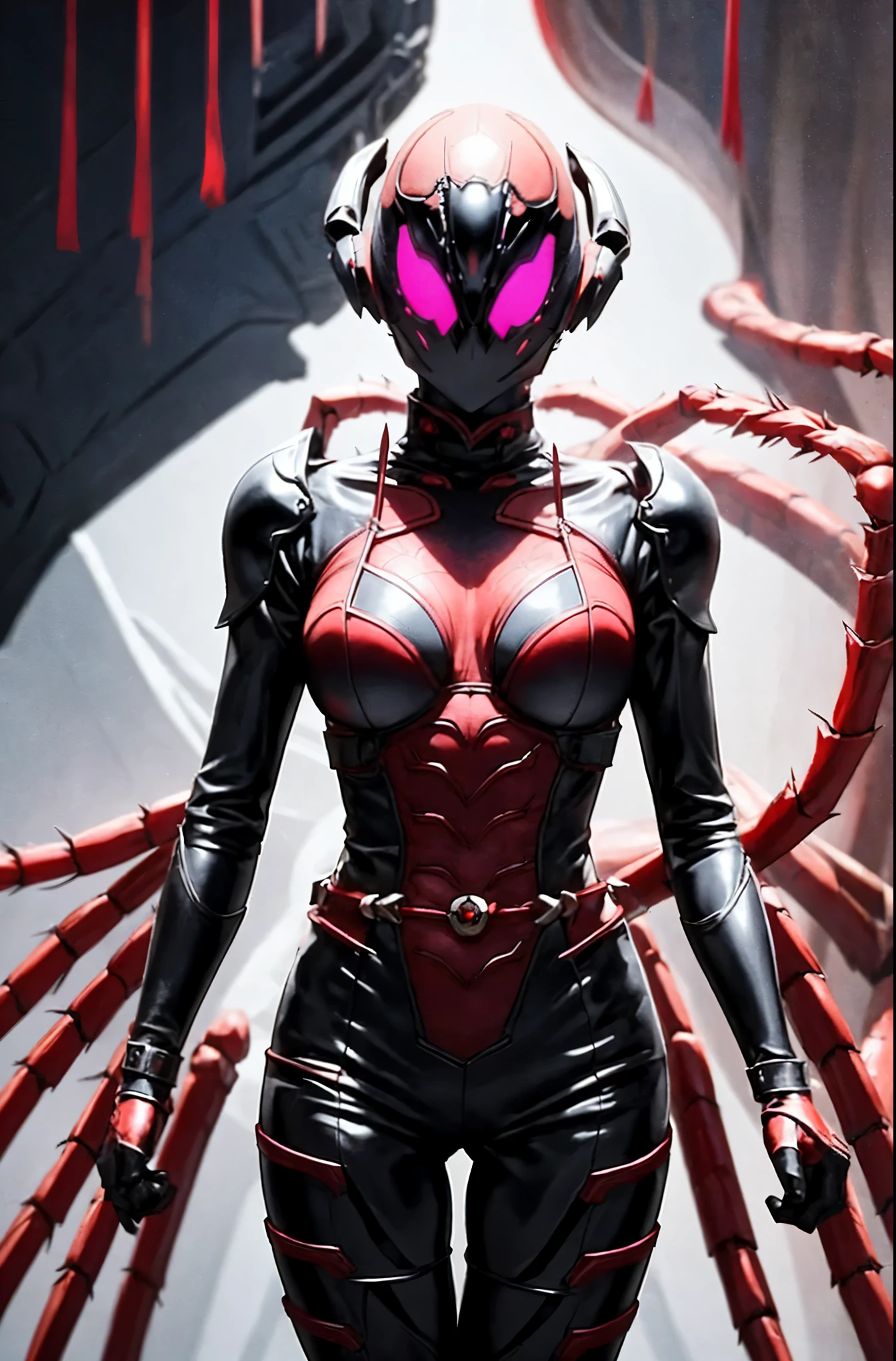 Beautiful girl fused with a spider. (High quality) （black and red and purple image color）. body suit. Japanese kimono motif. cyber style. spider web. spike accessory. Biological Armor. Biological helmet. eye mask.