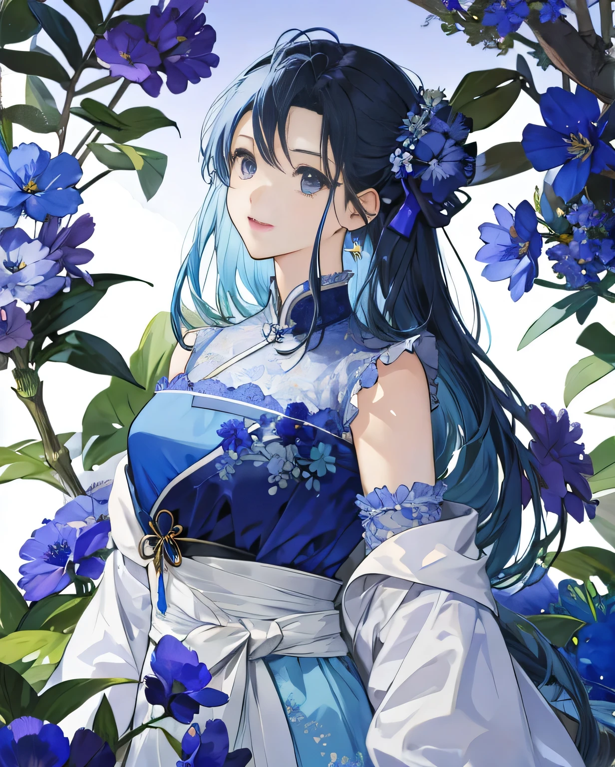 masterpiece,asakura_three,blue flower、whole body　girl、Well-proportioned face