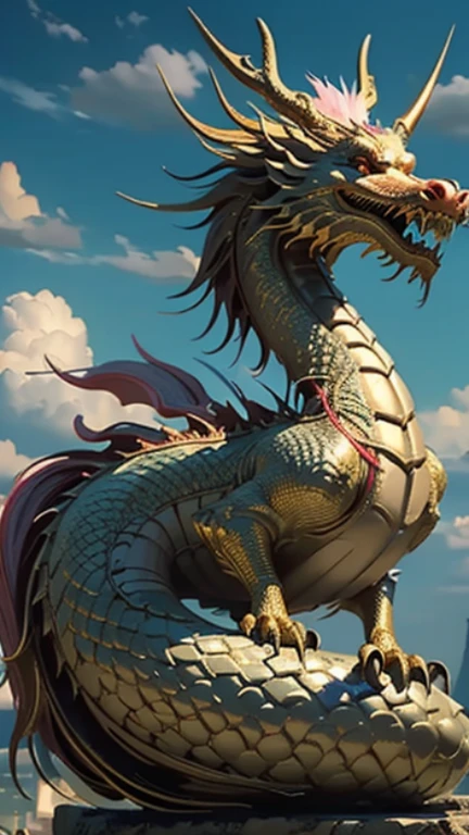 masterpiece，high quality，最high quality，Official Art，Beauty and aesthetics，amazing，Very detailed，Surreal，girl,(ドラゴンの上に座っているgirl)，Pink Hanfu，Golden Dragon，Dynamic pose，Looking at the audience，In the cloud，surrounded by clouds of white，Xiangyun，Attractive colors，Theatre Lighting，Rim Light，（Depth of field：1.2）