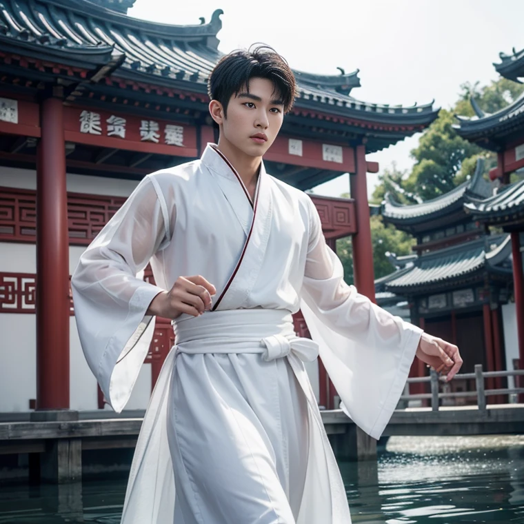 Handsome asian male, 20years old, Asian, master work, best picture quality, higher quality, high detail, super high resolution, 8k resolution, handsome actor, kpop idol, manly, manly jawline, manly chin, perfect eyes, perfect skin, perfect hands, big muscles, tattoos, glowing eyes, short hair, hair details, naked inside, detailed background , open Hanfu transparent tulle jacket, (white clothes with silver decoration), Chinese garden background, Chinese kung fu, sexy costumes, nice butts, sexy thin thong, monk robes, spinning floating particles, chinese temple in background, looking at viewer