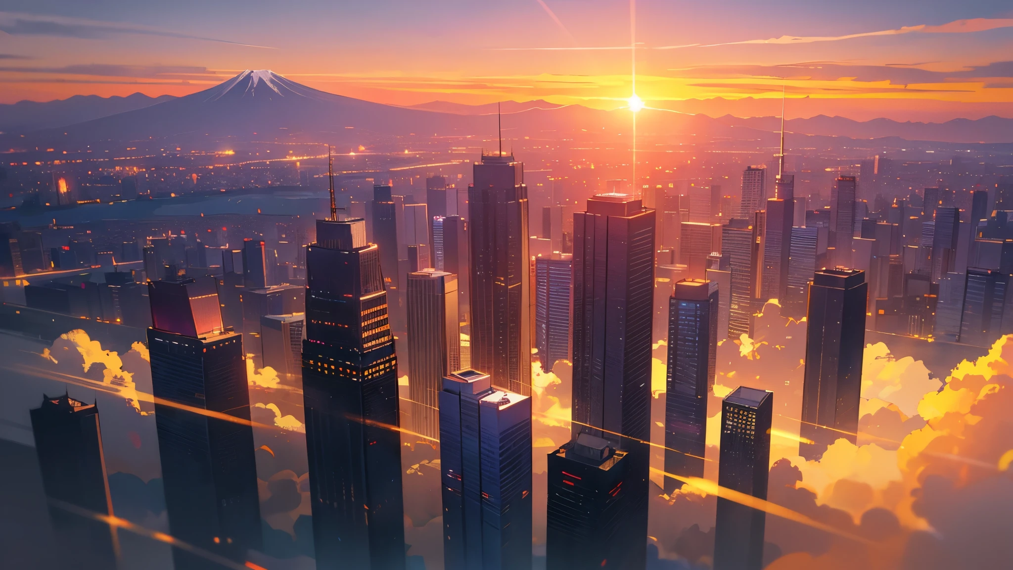 Description: sunset over Tokyo skyline, beautiful detailed skyscrapers, vibrant colors, warm golden and orange tones, silhouette of Mount Fuji in the background, shimmering reflection of the sun on the river, soft clouds painted with shades of pink and purple, serene atmosphere, breathtaking view, professional photography, HDR effect, ultra-fine painting, realistic and photorealistic, bokeh lights, studio lighting, sharp focus, peaceful and awe-inspiring.