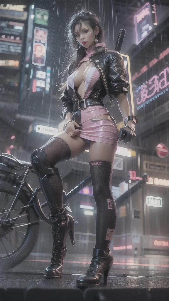 (Realistic:1.3, 16k, highest quality, masterpiece, Ultra-high resolution), ((light rain, From below)), Perfect dynamic composition:1.2, (Modern futuristic city at night, Expressions of sadness:0.5, motorcycleを運転する:0.5), Highly detailed skin and facial textures:1.2, Young Japanese Woman, Incredibly slim body, Fair skin, Sexy beauty, Very beautiful face, beautifully、aesthetic, (Pink tight skirt, Wear cyberpunk clothes), (Shapely breasts, Chest gap), (Big eyes that exude beautiful eroticism, Lips that exude beautiful eroticism), necklace, Earrings, bracelet, wedding ring, Shoulder bag, clock, sunglasses, motorcycle, Cowboy Shot