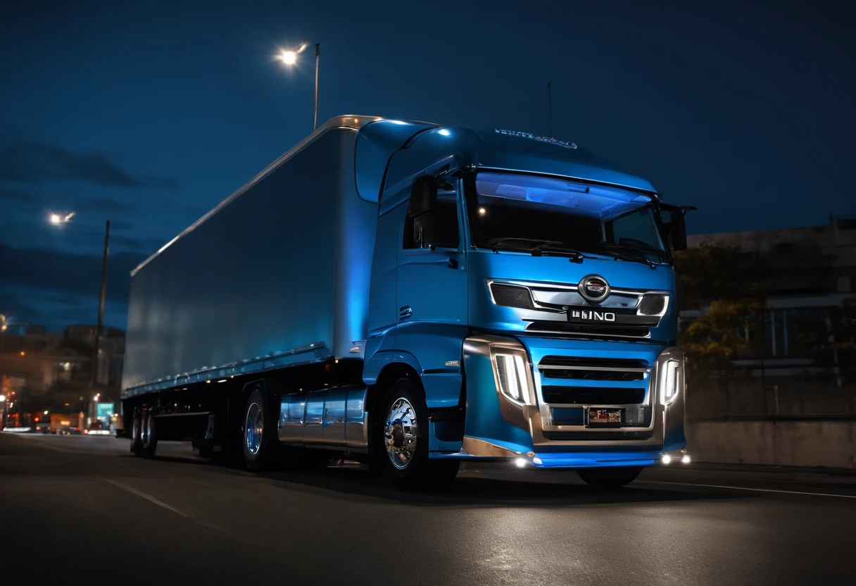 1truck hino full, lite blue colour cover set, Black mirror, trailer head truck hino, at night, zoom out long buildings with blue lights,