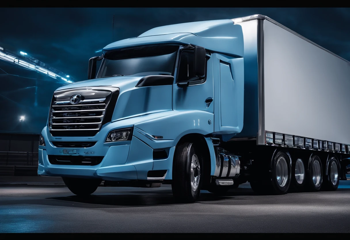 1truck hino full, lite blue colour cover set, Black mirror, trailer head truck hino, at night, zoom out long buildings with blue lights,