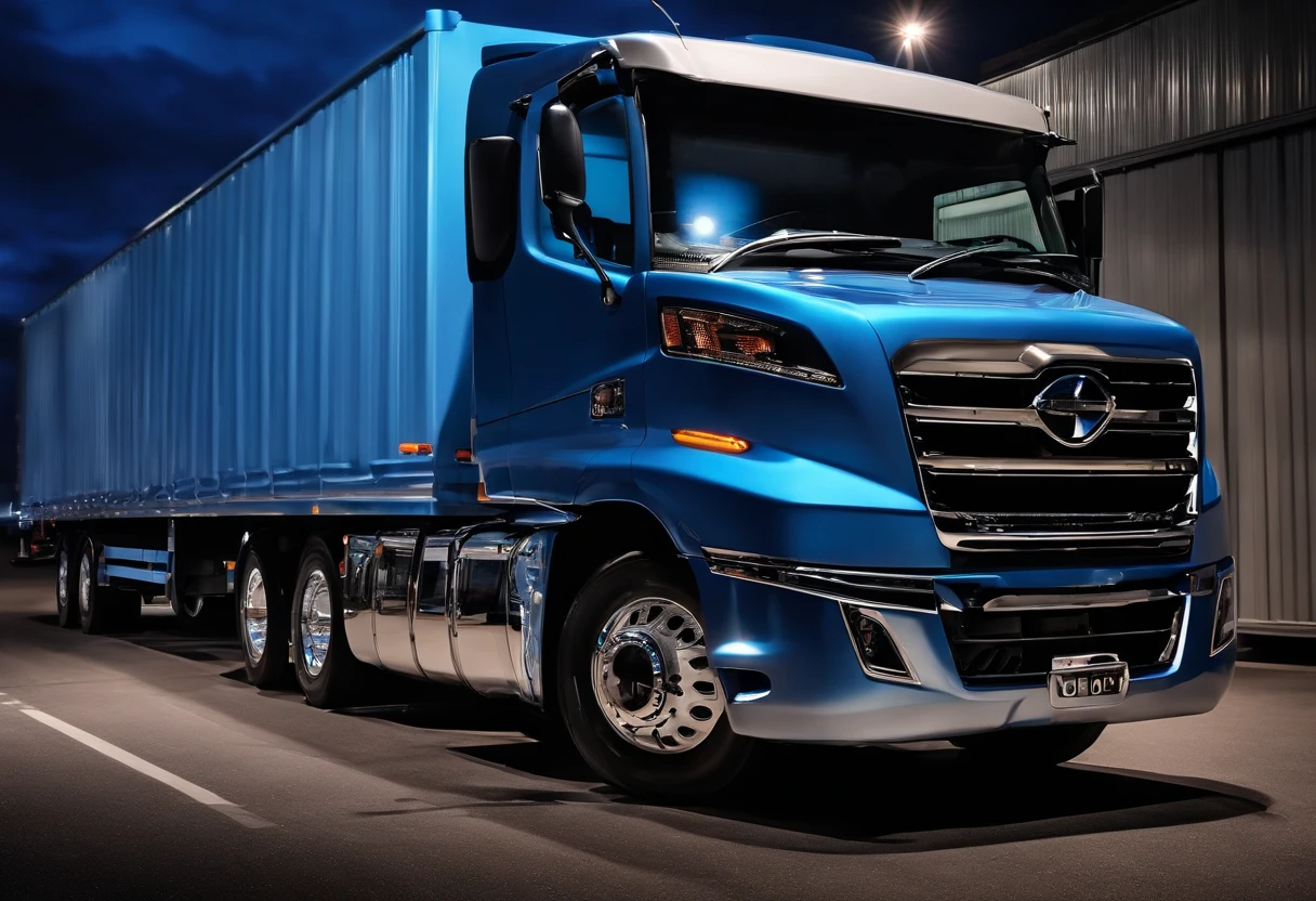 1truck hino full, lite blue colour cover set, Black mirror, trailer head truck hino, at night, zoom out long buildings with blue lights,