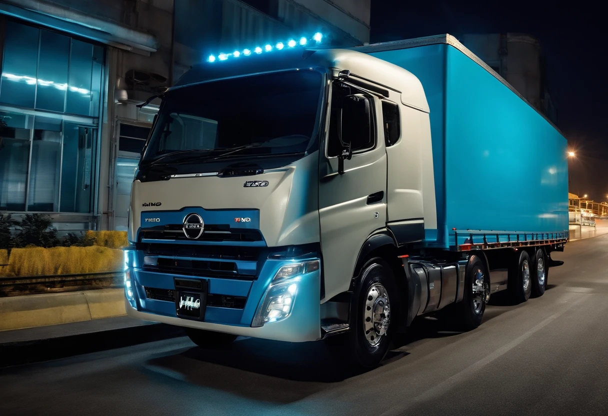 1truck hino full, lite blue colour cover set, Black mirror, trailer head truck hino, at night, zoom out long buildings with blue lights,