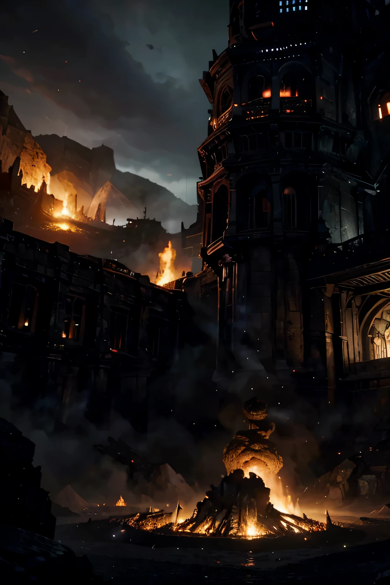 masterpiece, best quality, ultra-detailed, detailed view from front, science fiction, volumetric lighting AND masterpiece, best quality, high quality, extremely detailed CG unity 8k wallpaper A vibrant deep crimson, hell verse, lava, scary, creepy, benevolent, dark, tortured souls, shackles, chains, hell, castle dark, violence, scenery, grand view, amazing details, most frightening to the eyes, horror, horrifying, traumatized