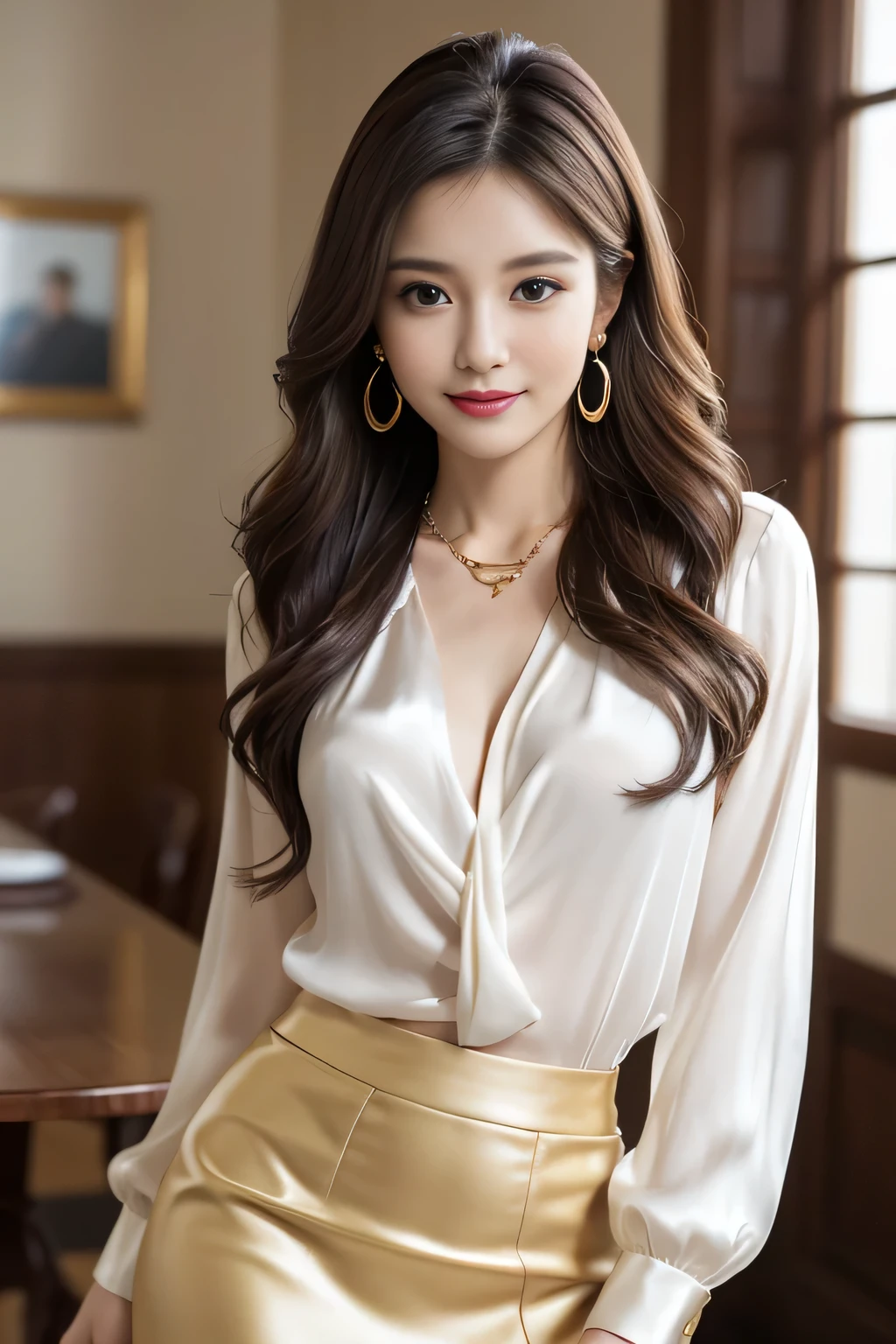 Tabletop, highest quality, Realistic, Very detailed, finely, High resolution, 8k wallpaper, One beautiful woman,, Sharp focus, Perfect dynamic composition, Beautiful and detailed, Thinning hair, Detailed Realistic skin texture, smile, Close-up portrait, Model Body Type、president'secretary、mini skirt、High heels、whole body、suit,((brown semi-long hair:1.2))((Gentle inward-curving waves:1.2)),((Gold Necklace_Big earrings:1.2)),((shy smile:1.3)),((Blouse and skirt, Wearing a white silk blouse,Please wear a white shirt and a dark skirt.:1.3)), 、whole bodyショット、((Standing whole body figure supermodel, whole bodyがフレーム内に収まる))、In a luxurious room、