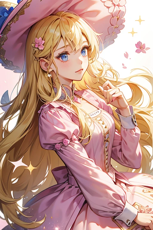 she has a princess hat and long, blonde hair with a pink flower. Her shirt has two large cuffs and a fancy. SPARKLE; GLITTER