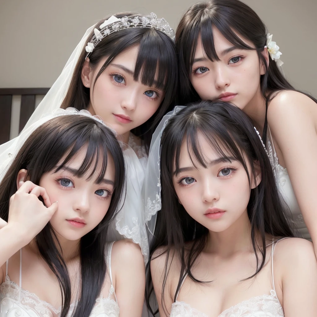 (Two beautiful girls with beautiful eyes),Light smile、natta、Raw photography、(((Portrait of extreme beauty)))、((glistning skin))、16 year old beautiful girl in Prague、bright expression、((beautiful black hair))、[Big black eyes that shine like jewels]、Glossy glossy skin、Silky Super Long Straight Hair、eye liner、Beautiful bangs、Hair between the eyes、((​masterpiece、top-quality、ultra-detailliert、Film Light、intricate-detail、hight resolution、ighly detailed))、Detailed background、8KUHD、Digital SLR、Soft light、hightquality、Film grain、FujifilmXT3 、Shallow depth of field、natural soft light,looking at viewer, (bust shot:1.0), heart-shaped pupils, (((thin eyebrows))), (nose blush), (embarrassed:1.2), (no makeup), ((((dreamy eyes)))),((Two beautiful girls are sleeping side by side on their backs wearing wedding dresses on the bed.:1.3)),
