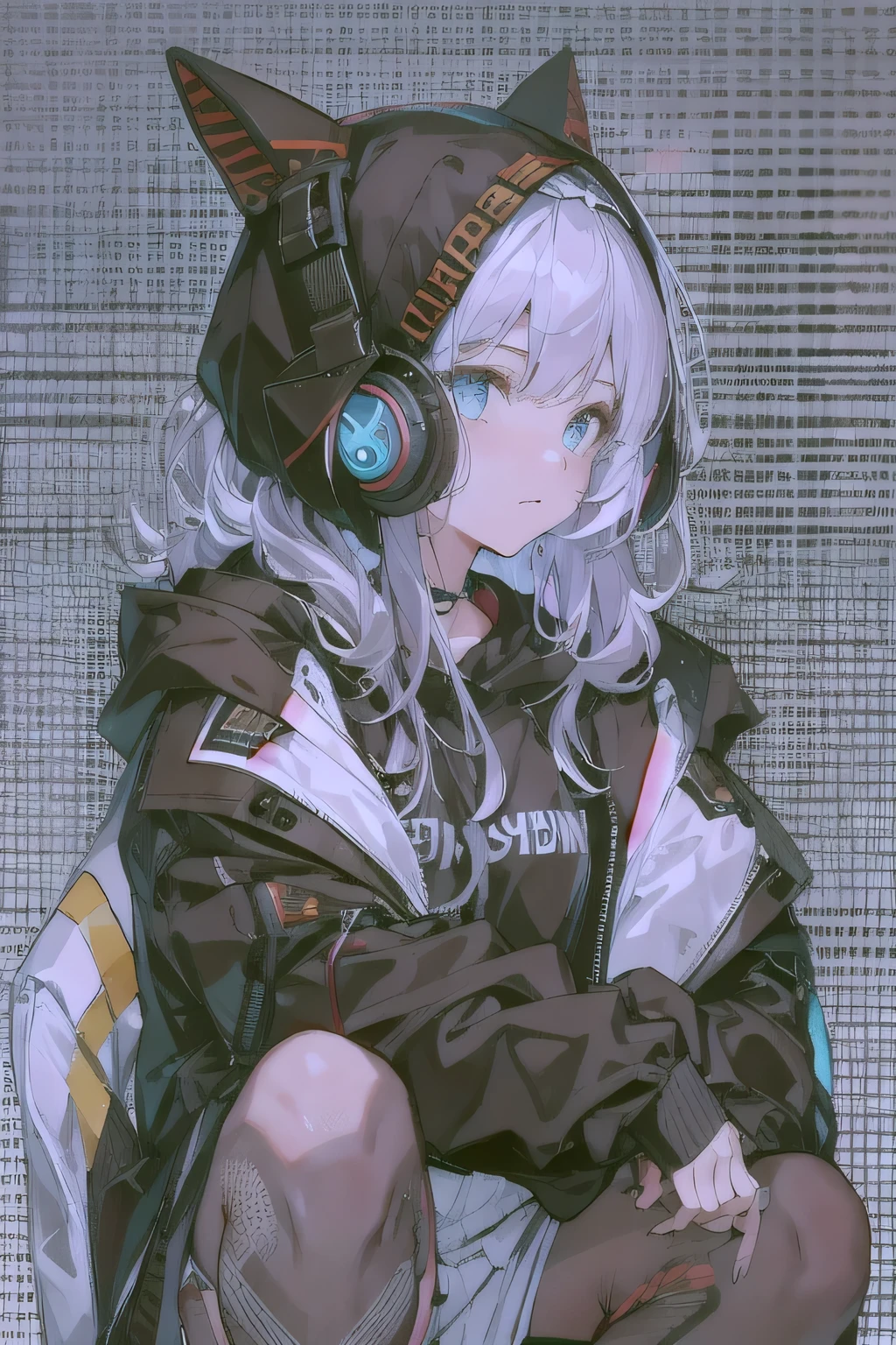 Woman using computer with big screen、Silver Hair、Semi-long hair、Wearing cool headphones,{{{{{{{{ Black hoodie oversized }}}}}}}},Beautiful and delicate golden eyes,thought,Black clothes,