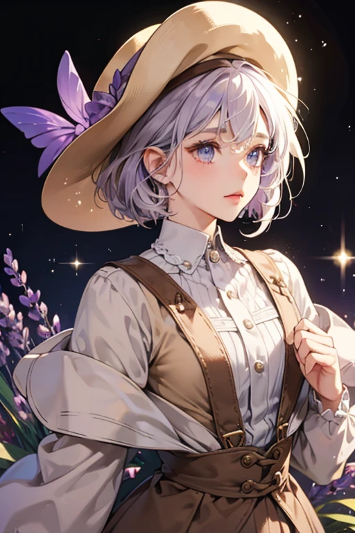 She was lavender with white hair and wore a brown hat and brown ragged clothing. SPARKLE; GLITTER