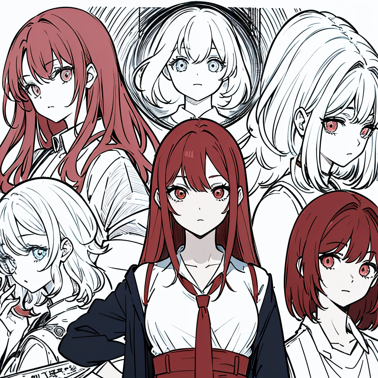 Anime,manga, chico, pelo largo recogido con una coleta, crimson red hair, sus ojos son de colores distintos( uno de color rojo y el otro azul) cuerpo delgado pero tonificado, ropa uniforme escolar, su rostro es el de un chico.