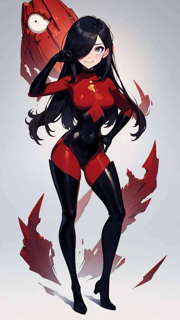 (full body),masterpiece, highest quality, One girl, Violet Par, mask, Long Hair, Black Hair, Hair on one eye, (Red hero suit),Red bodysuit,black elbow gloves,Black Thigh Boots,Thick thighs,Place one hand on hip,upright,View your viewers, smile, Simple Background