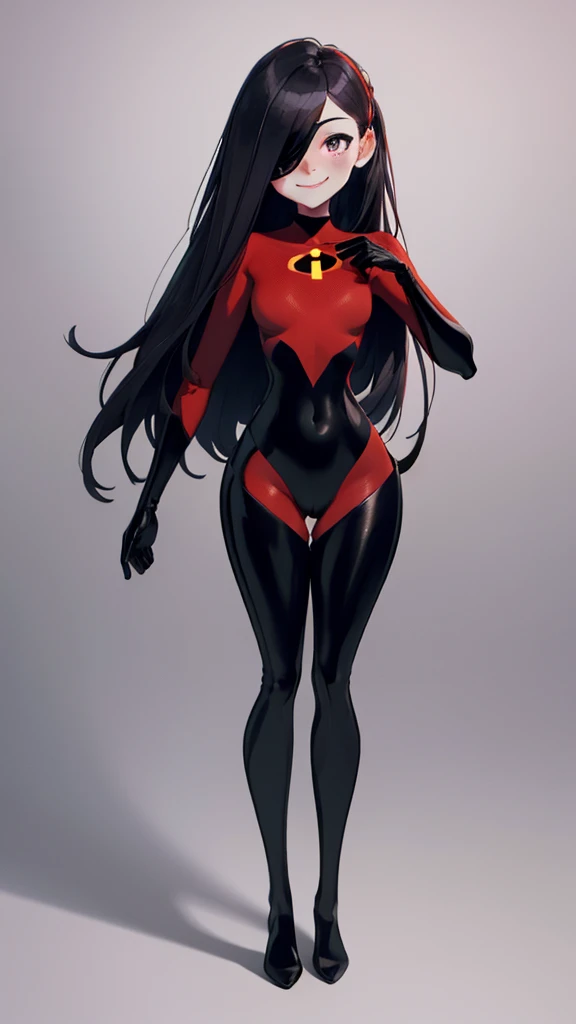 (full body),masterpiece, highest quality, (One girl), Violet Par, Eye mask，Long Hair, Black Hair,  Hair on one eye,  (Red hero suit)，Red bodysuit，black elbow gloves，Black Thigh Boots，Thick thighs，Put your hands on your hips，Spread your legs，View your viewers, Face to endure humiliation, Simple Background 