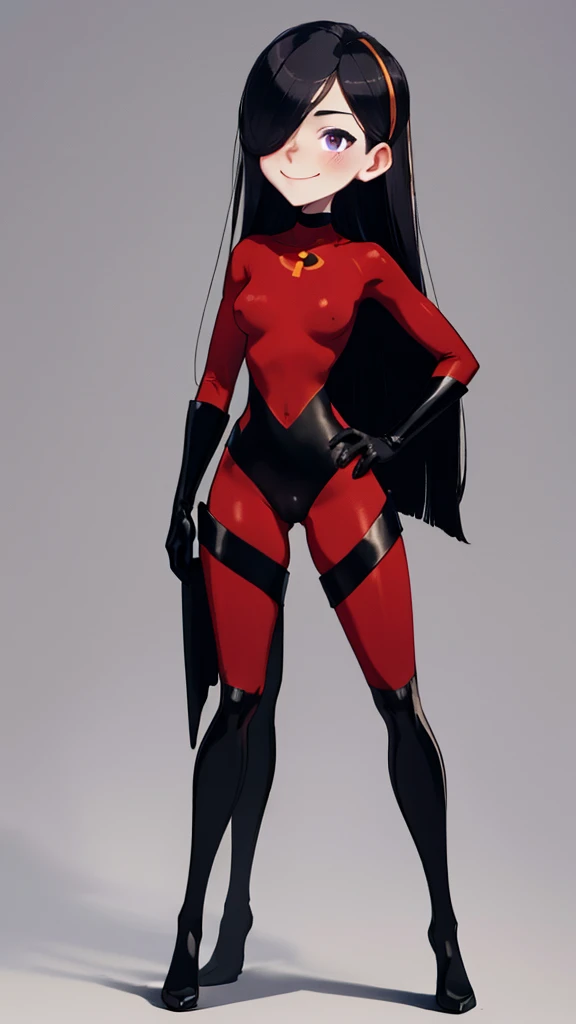 (full body),masterpiece, highest quality, One girl, Violet Par, mask, Long Hair, Black Hair, Hair on one eye, (Red hero suit),Red bodysuit,black elbow gloves,Black Thigh Boots,Thick thighs,Place one hand on hip,upright,View your viewers, smile, Simple Background