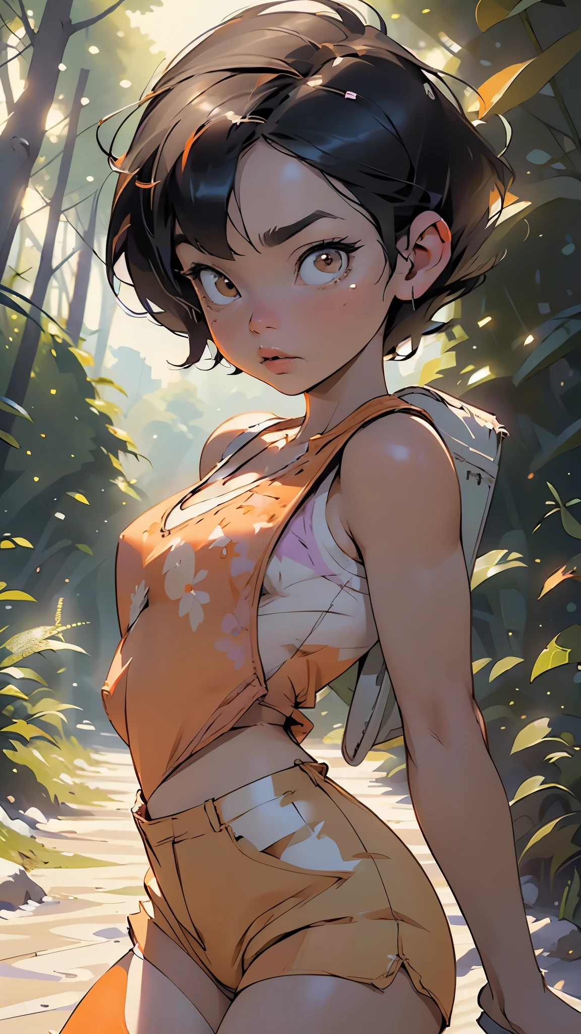 stick out butt、looking back、Black、Dynamic Angle、In the jungle、Girl、Girl、Short、Younger、Lower school girls、Indian、Both eyes open、National costume、Ethnic Makeup、black-brown skin、flat chest、Nipples、forehead、smile