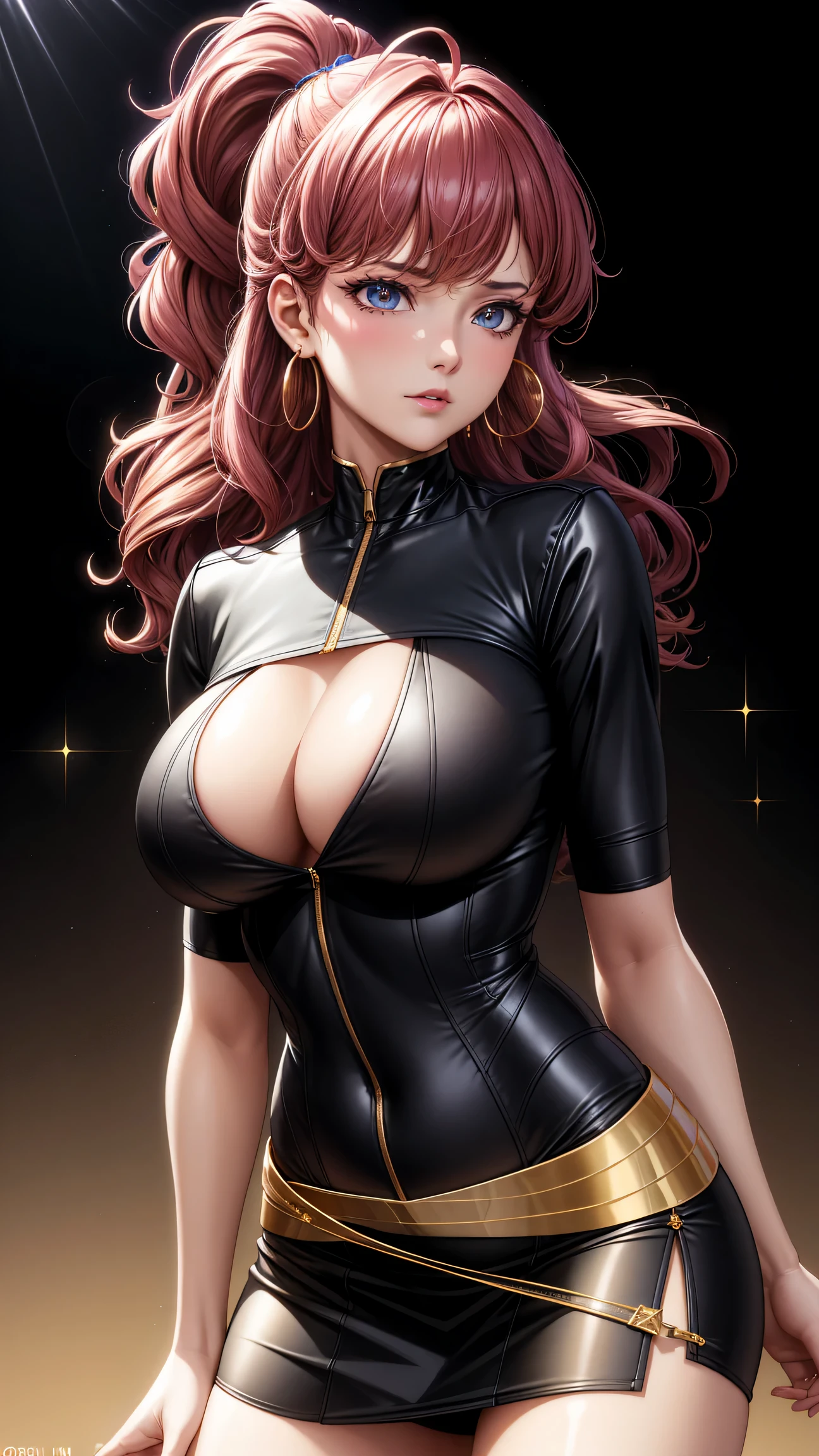 (best quality:1.5, highres, UHD, 4K, detailed lighting, shaders), gold curly haired, gradient hair, large breasts, suit, T-shirt, social shirt, short skirt, mature woman , (pov), black background, colorful eyeshadow, dramatic lighting, sparkling eyes, sensual expression, golden earrings, flowing hair, delicate facial features, soft skin, high cheekbones, urban setting, black background, dont look for the camera, lean forward, behind the camera