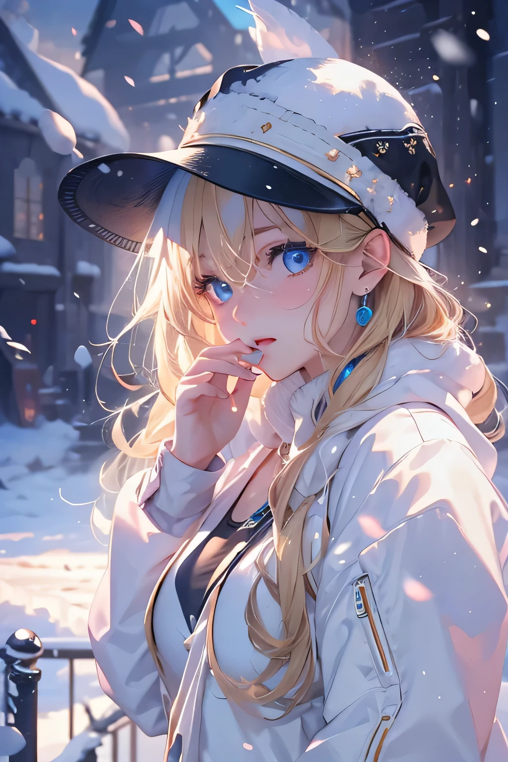 最high quality、Best image quality、masterpiece、With a girl((Black tank top、White coat、Black Leather Pants、16 years old、Ten generations、cute、Best Bust、Large bast,Beautiful light blue eyes、Spread your chest wide, Blonde、Slender,Big Valley、Militant Movement,Hug gesture、blush one's cheeks、trembling、sapphire earrings、exhaling white、hat、Cold Face)),high quality、Beautiful art、background((ice burn city、it's snowing、Heavy Snow Fall Last Piece、Depth of written boundary,8k