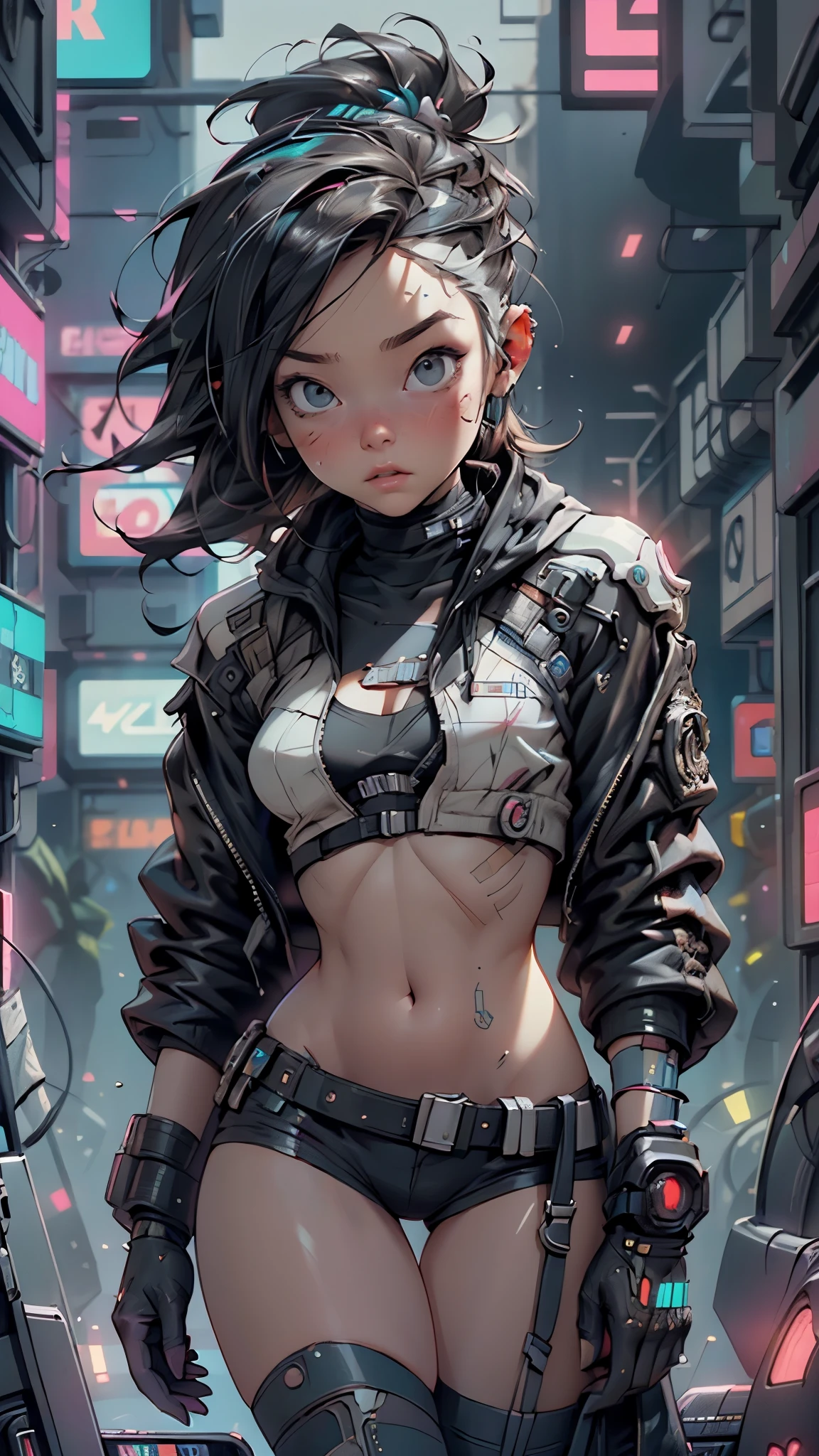 ((Best Quality)), ((Masterpiece)), (High Definition:1.3), 3D, Beautiful (Cyberpunk:1.3) Hacker woman with thick voluminous hair operating computer terminal, white survival jacket, ((flat chested, flat stomach, baby face)), (intense colors) 