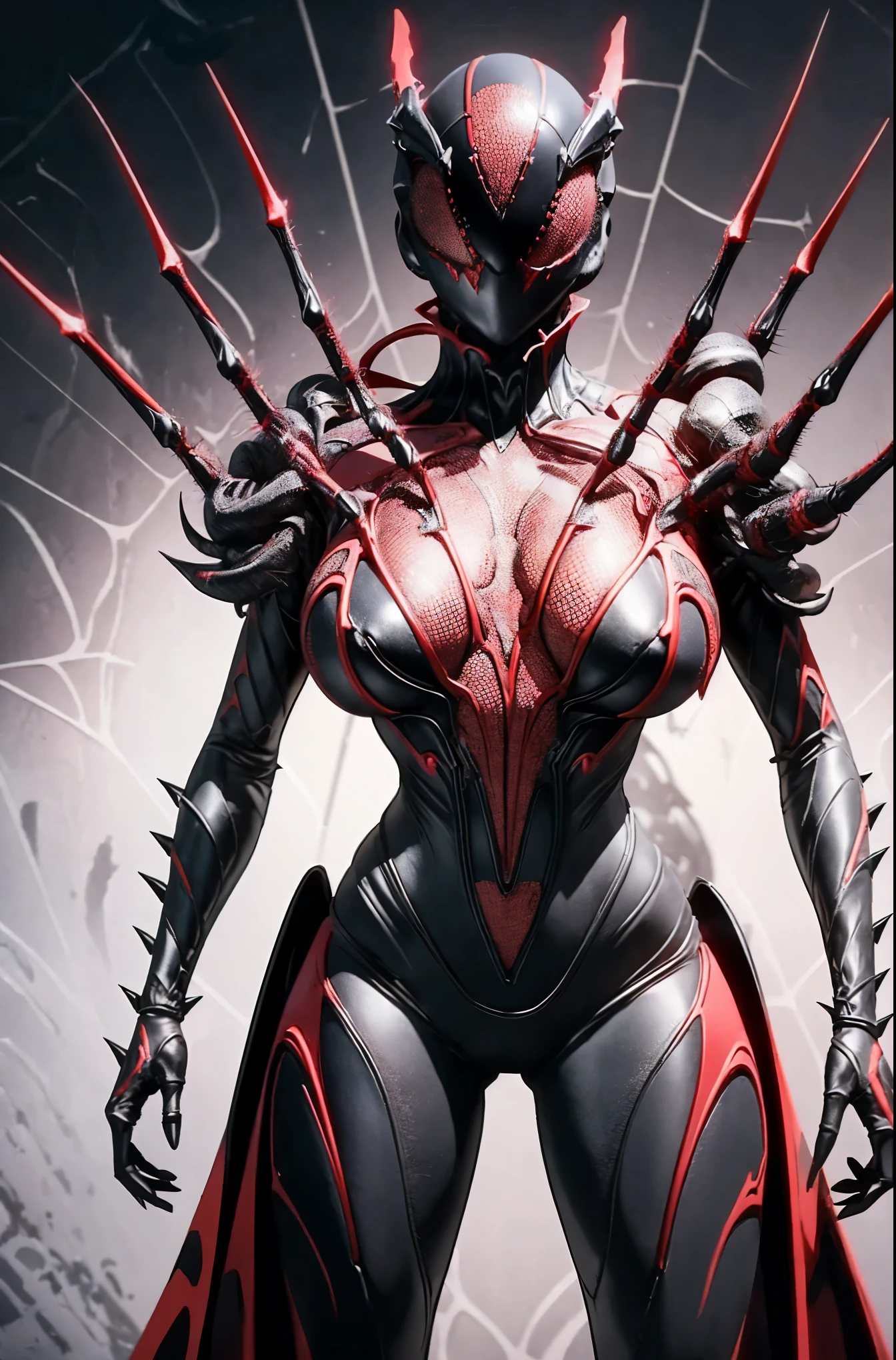 Beautiful girl fused with a spider. (High quality) （black and red and purple image color）. body suit. compound eye. cyber style. spider web. spike accessory. Biological Armor. Biological helmet. eye mask.