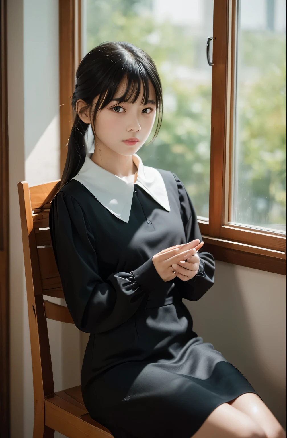 (Best Picture Quality,8K Quality,Masterpiece:1.3,),(Super A Quality,Photorealistic:1.4,Raw Photo),(Asahi:1.3),(Masterpiece:1.2),(Realistic:1.2),(Raw Photo),(Detail:1. 2), Official Art, Unity 8K Wallpaper, super definition, aesthetic, masterpiece, highest quality, attic, nature Light, bright sunlight, window, (open window), lone girl, sitting by window, (chair), red ribbon in hair, black hair, bangs, 10 years old, pretty face, glossy cheeks, black dress, (long sleeves, collar), wooden frame and glass window,