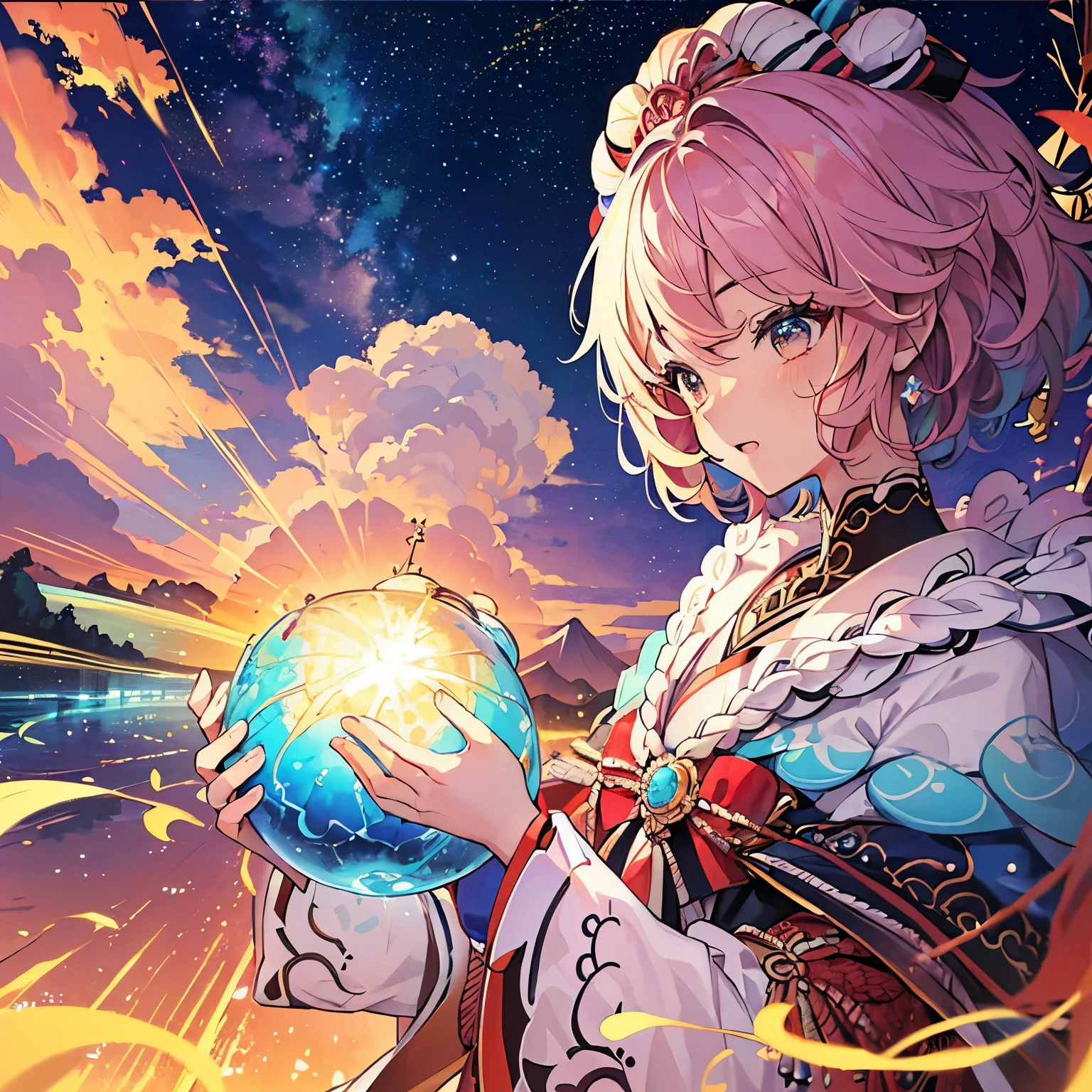 (masterpiece、highest quality、highest quality、Afroセントリックなパーティング(Afro)、Official Art、Beautiful and aesthetic:1.2)、(One Girl:1.3)、(Fractal Art:1.3)、Upper body、From the side、Looking at the audience、pattern、(Rainbow Hair、Colorful Hair、african ink、cloud、Starry Sky、performer、bright colored splashes、Rough Kanji、