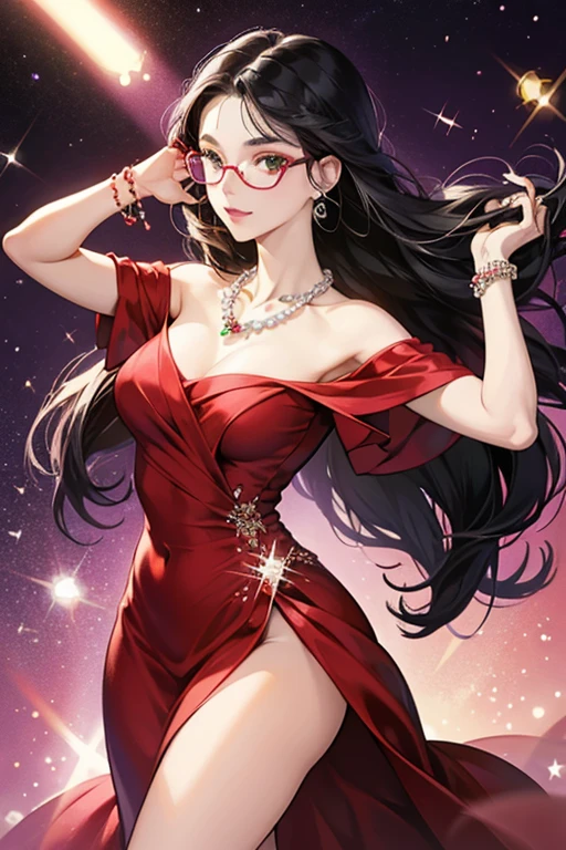 She is purple with square-shaped curly black hair. She wears a red dress, a white pearl necklace, white pearl bracelets, and green glasses. SPARKLE; GLITTER