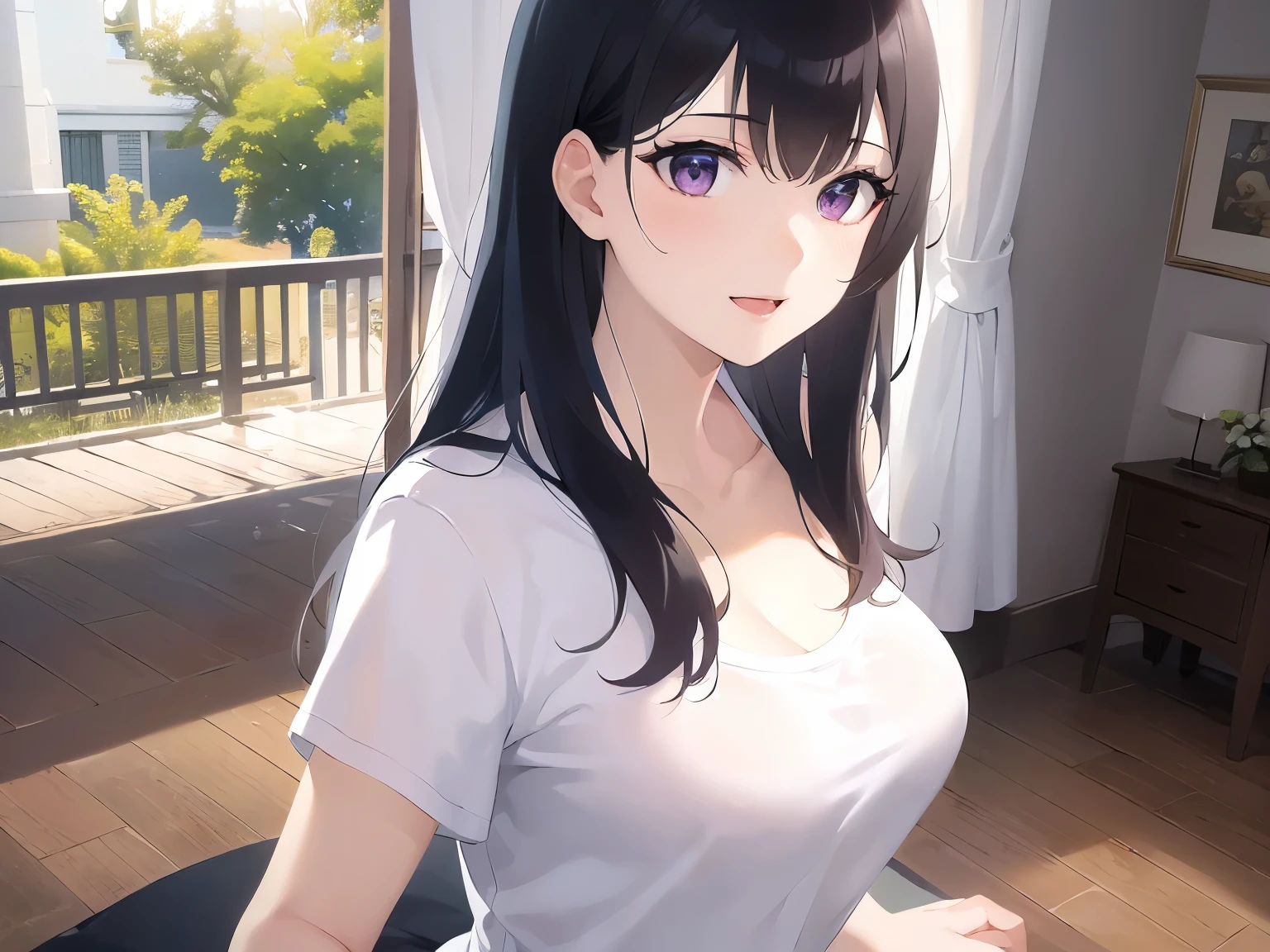 side angle, smile ,open mouth、(looking away:1.5), Upper Body, Realistic, real person, (pale skin: 1.2), RAW photo, photorealistic, portrait photography, shiny skin, shiny hair、(A 25-year-old woman with straight hair and bangs) and (medium hair) and (black hair) and (purple eyes) , (white:1.5) and (T-Shirts) 、Cleavage、Alone、Are standing、The background is the living room