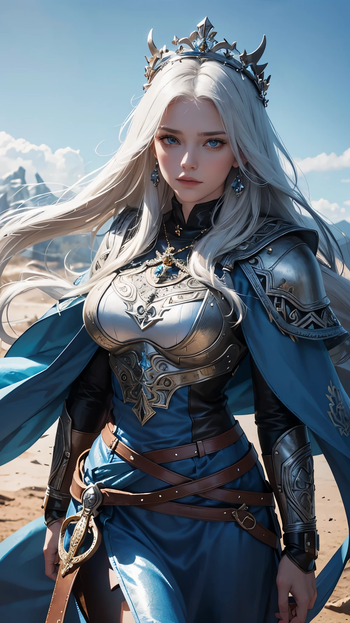 Generate a captivating digital image of a beautiful medieval swordswoman: a striking figure adorned in intricately detailed plate armor with flowing crimson accents, wielding a towering greatsword with an ornate hilt. Her braided platinum hair is complemented by an enchanting raven-feathered cloak, and a circlet adorns her head. With determined and fierce blue eyes, she dual-wields smaller ornate daggers, clad in polished leather gloves and boots. Set in a dynamic action pose on a medieval battlefield, the backdrop features a castle under siege with billowing flags and smoke. The sensual undertone is subtly conveyed through her poised and confident demeanor, adding an alluring touch to the scene.