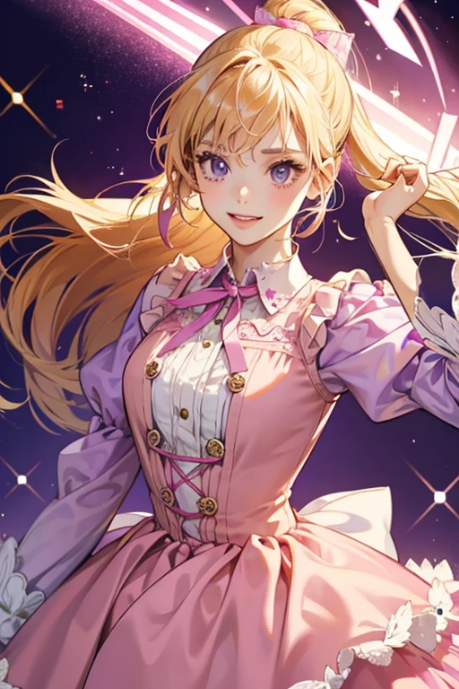 She is a purple with blonde hair with a pink ribbon in it. She also has braces and wears a pink dress with a collar and button in the same shade as her ribbon. SPARKLE; GLITTER